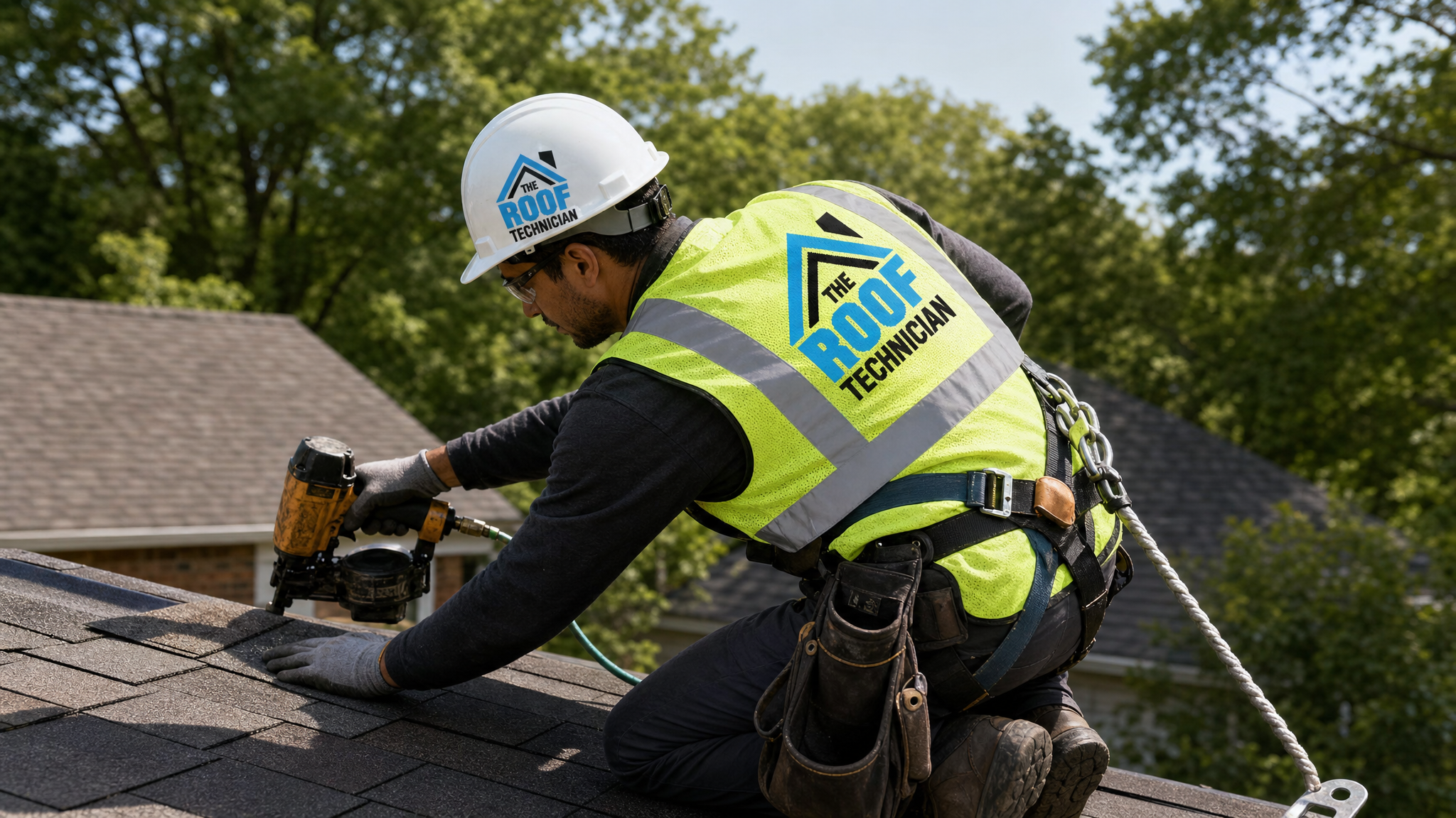 Roofing technician installing new shingles on a Toronto home wearing full safety PPE including fall protection harness