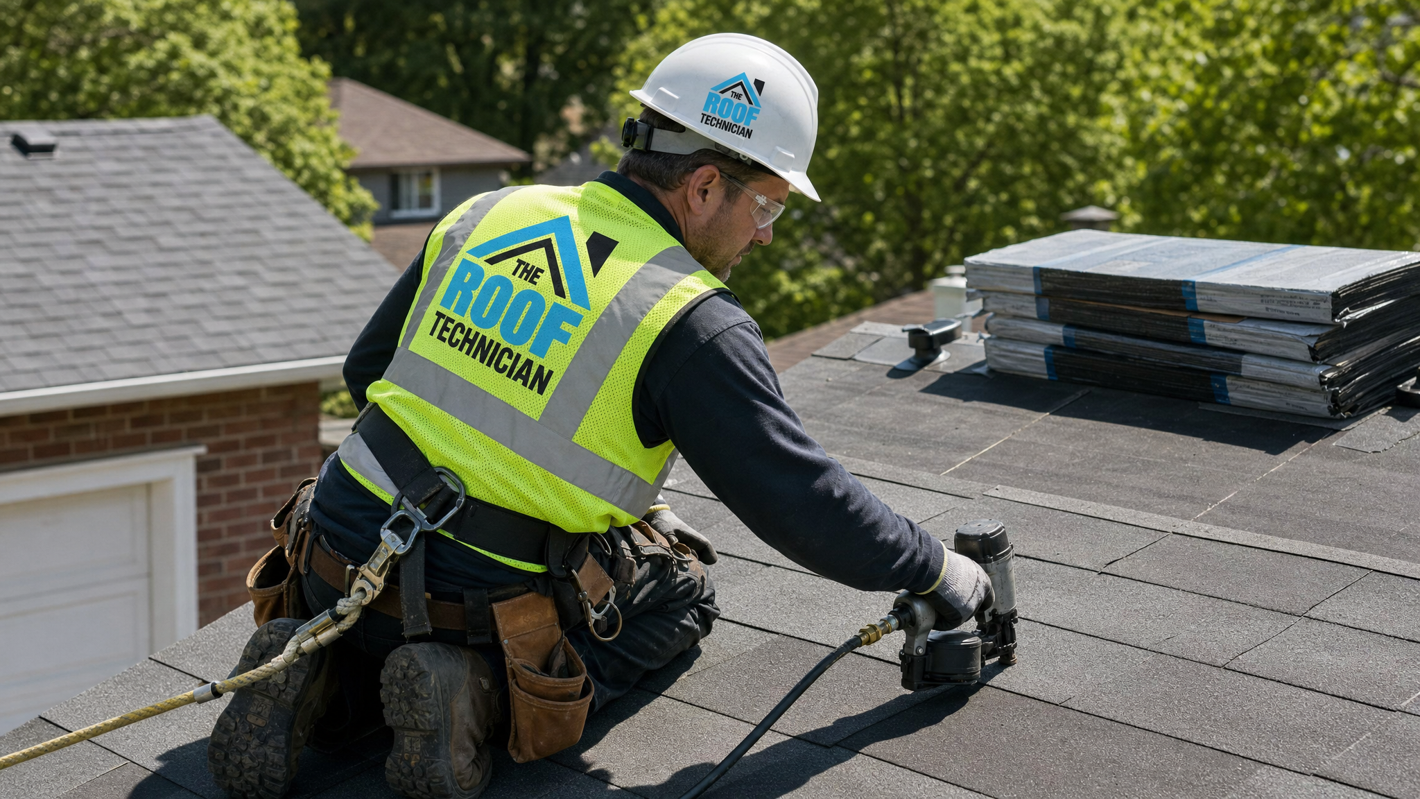 The Roof Technician crew member installing shingles on a garage roof replacement Toronto project in summer