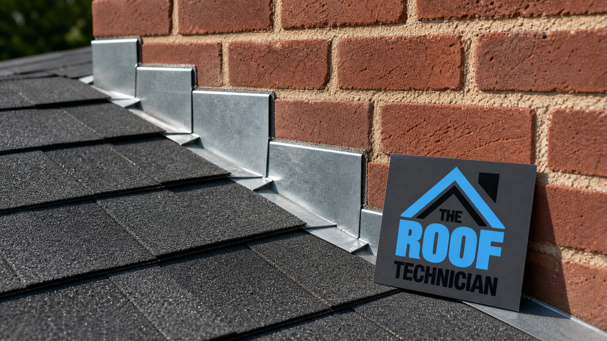 Close-up of step flashing and shingle tie-in at a Toronto home addition roof junction in summer daylight