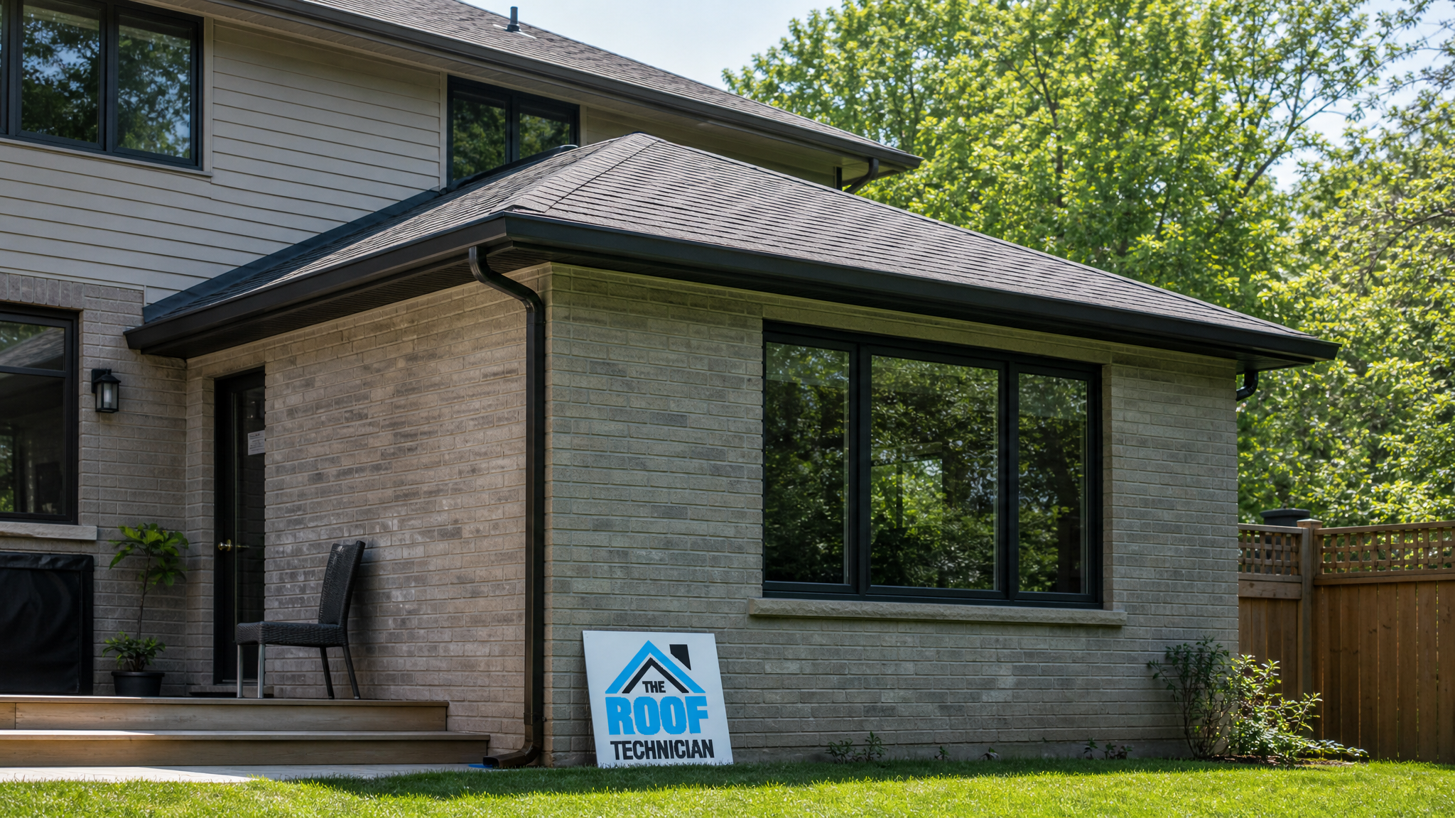 Seamlessly matched asphalt shingle roof on a Toronto home addition in summer daylight