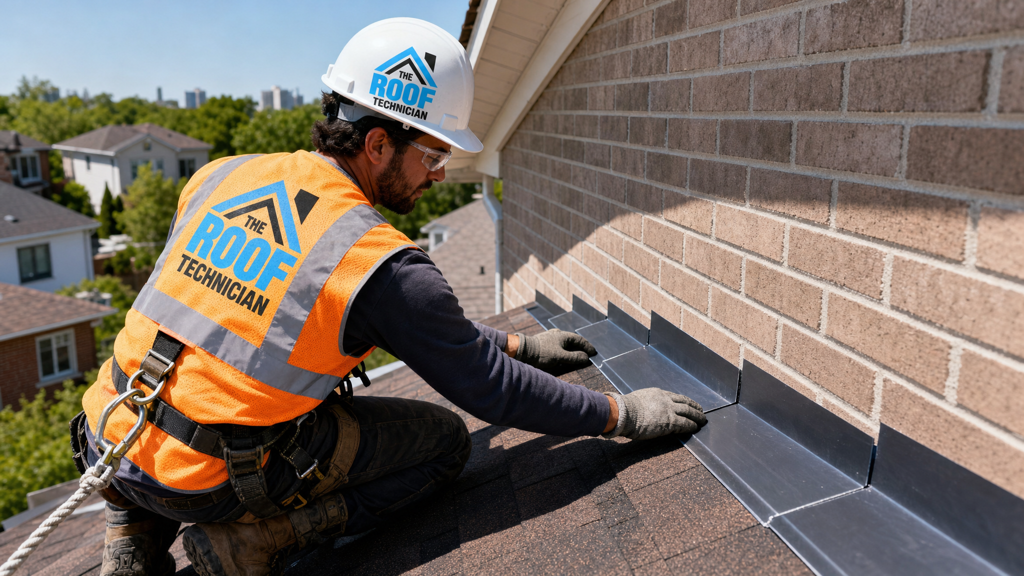 Roofer in full PPE installing step flashing at a home addition tie-in on a Toronto property
