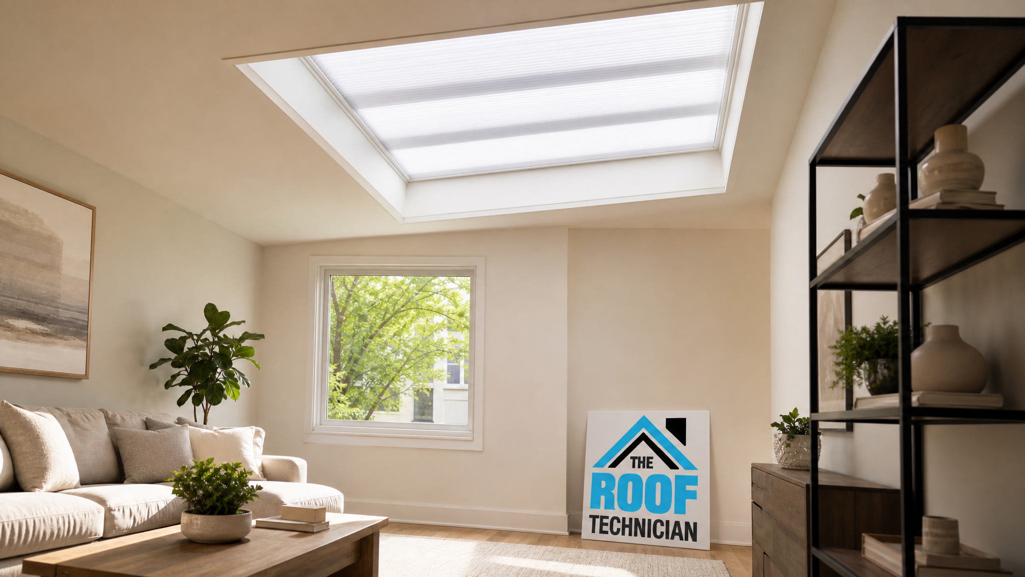 Bright Toronto living room with skylight shades installed controlling summer heat and natural light