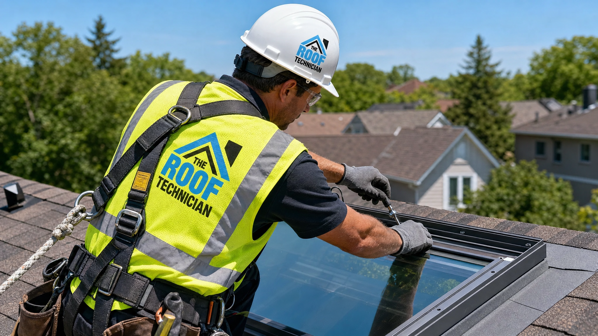 Certified roofing technician installing skylight shade hardware on a Toronto home roof in summer