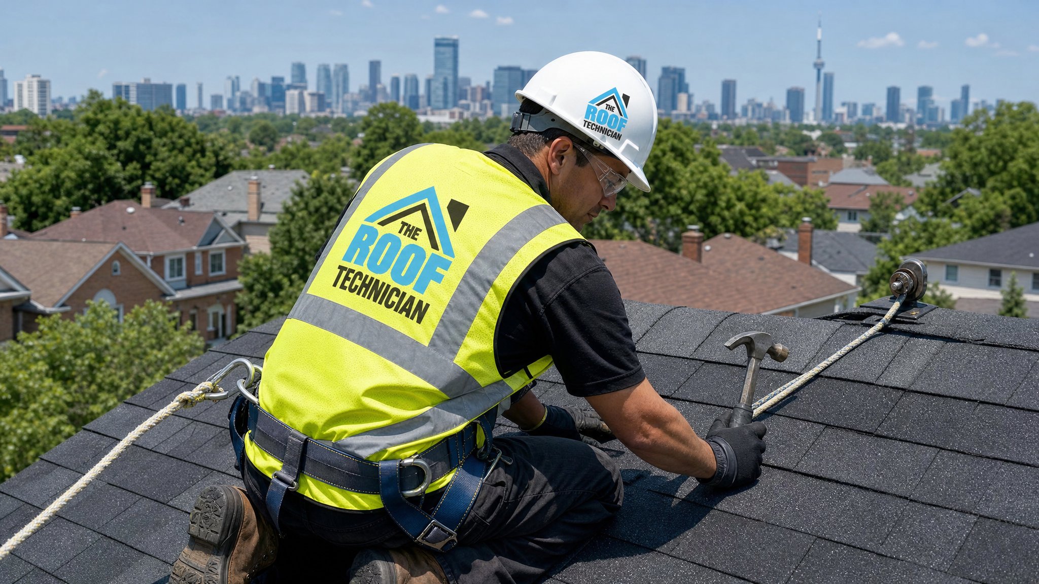 Roof Technician crew member demonstrating hand nailing vs nail gun roofing Toronto technique on a GTA residential roof in summer