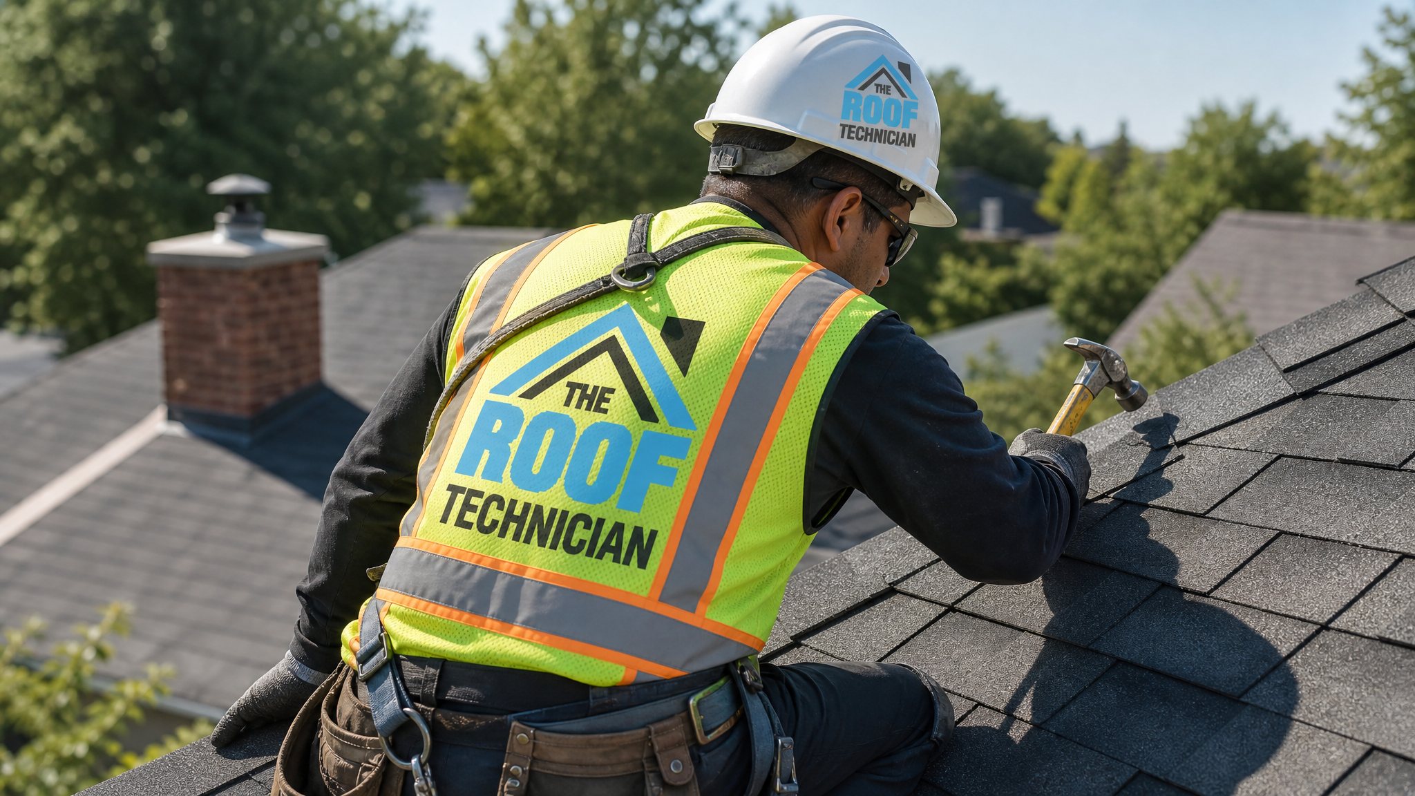 Roofer in full safety gear installing architectural vs 3-tab shingles toronto on a GTA home in summer