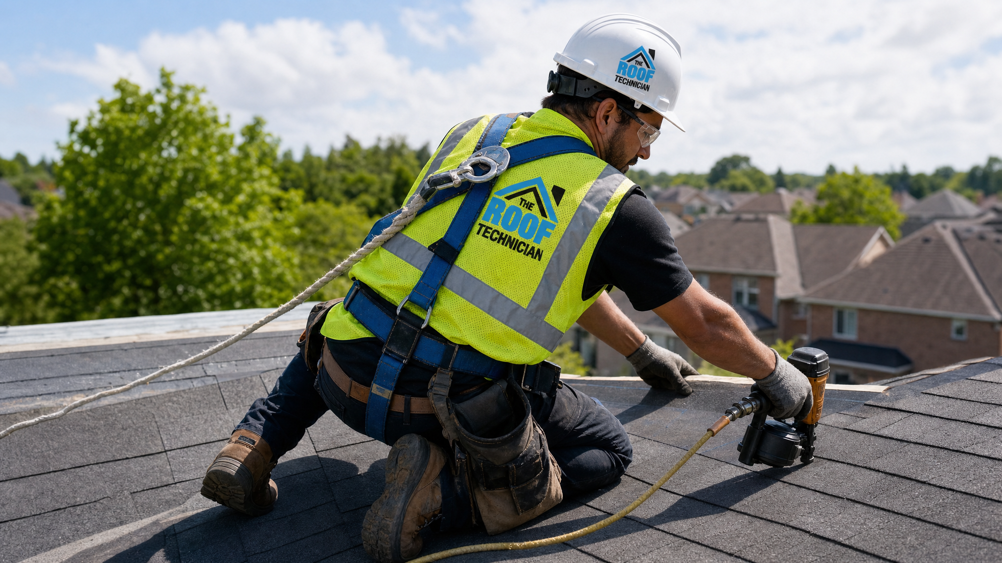 Roofing worker in full safety harness installing shingles during a GAF vs IKO shingles Toronto comparison project