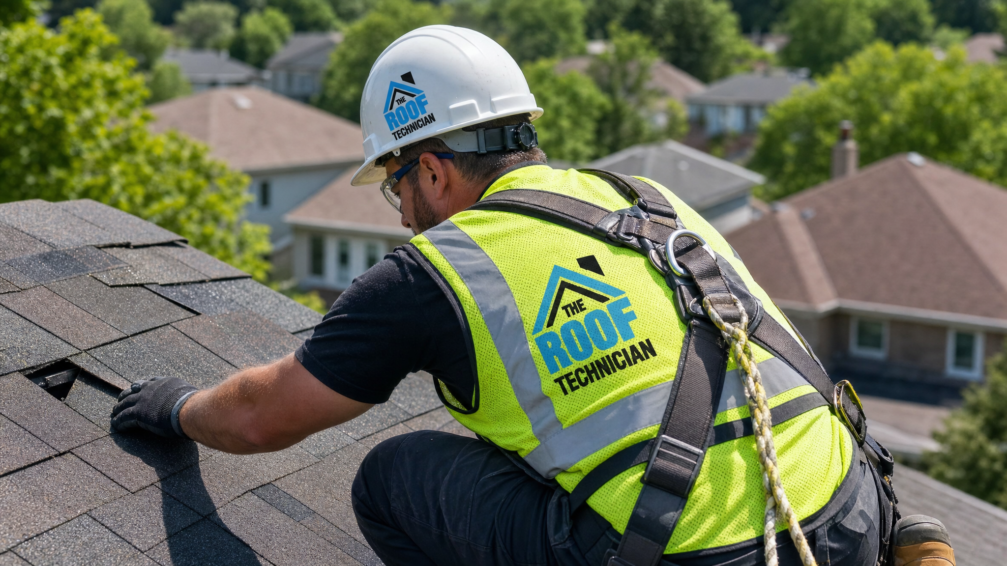 Roofing worker in full safety harness repairing summer storm roof damage Toronto home