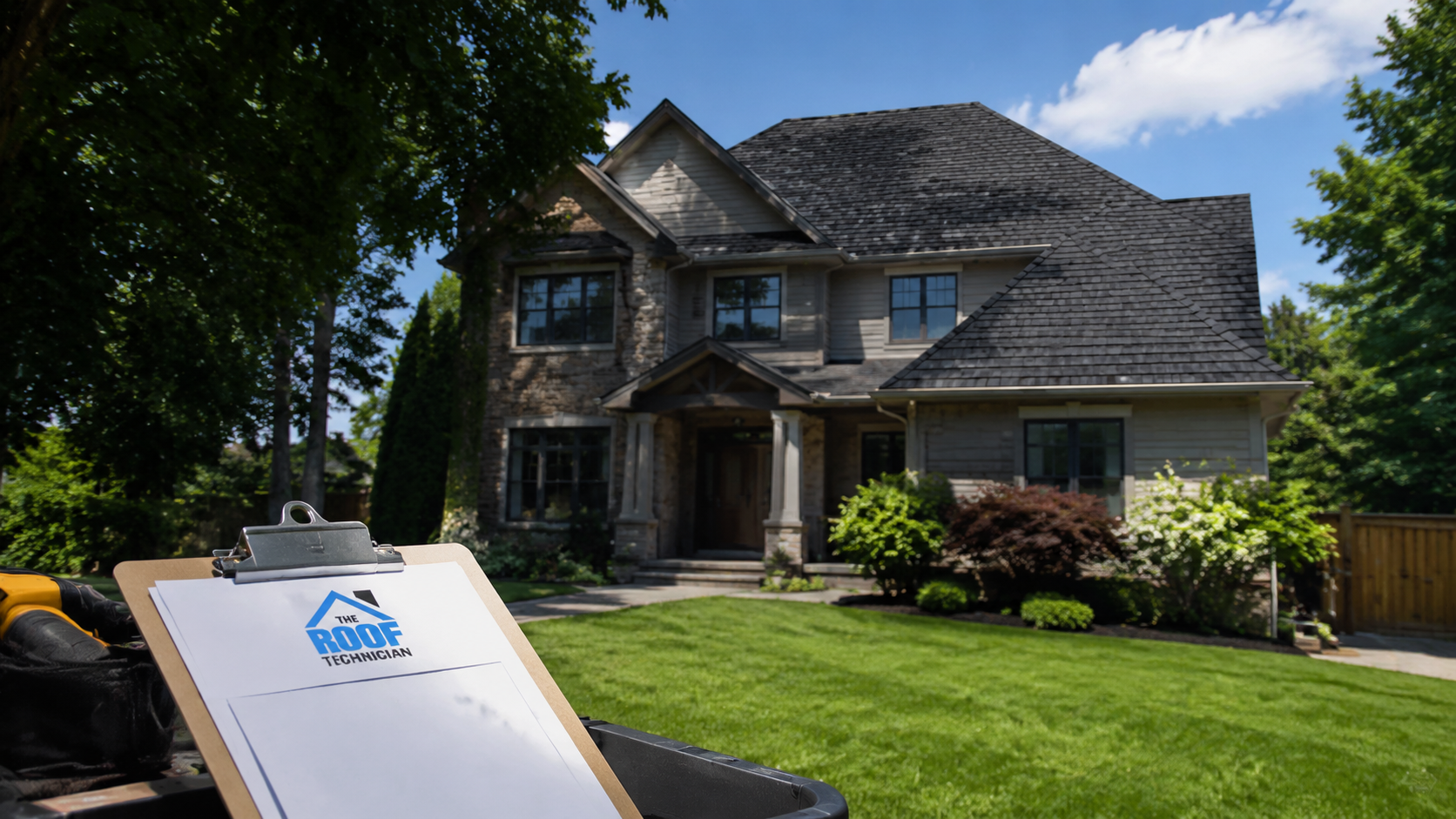 Wide establishing shot of a Toronto two-storey home with a newly replaced asphalt shingle roof in summer daylight