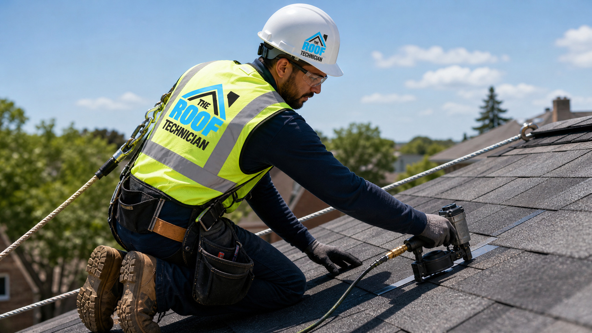 Roofer in full safety harness and hi-vis PPE nailing architectural shingles on a Toronto rooftop