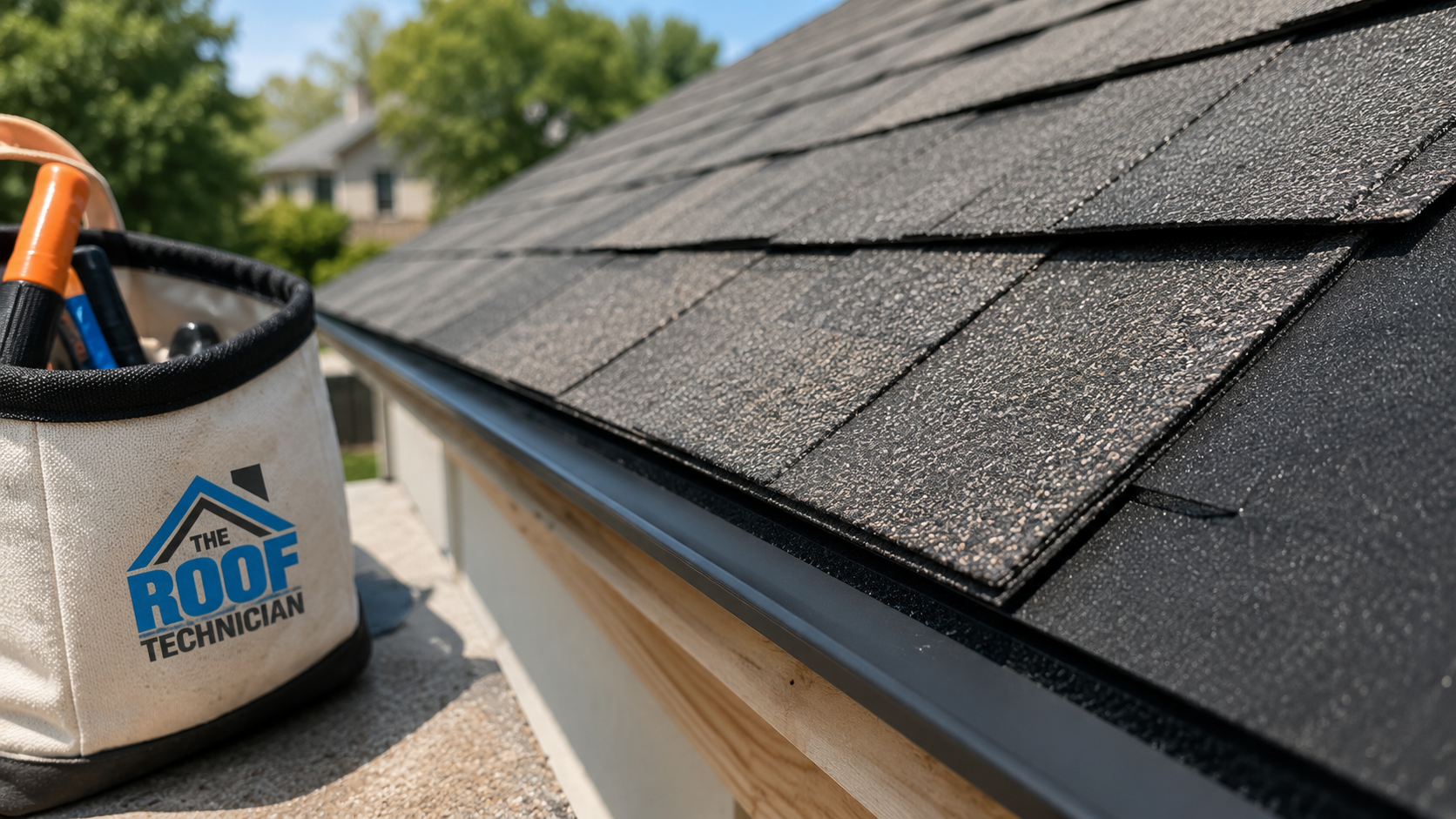 Close-up of layered architectural asphalt shingles with visible ice-and-water underlayment and drip edge along a roof eave, with a small branded The Roof Technician sign placard nearby in summer daylight