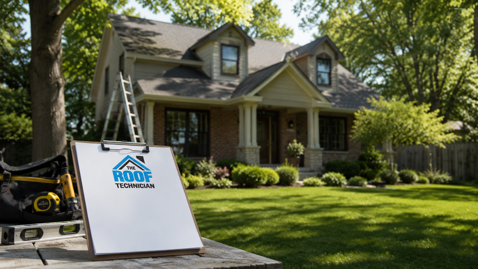 Wide establishing shot of a two-storey Toronto home with an asphalt shingle roof under bright summer daylight, with a small branded The Roof Technician sign placard on the front lawn