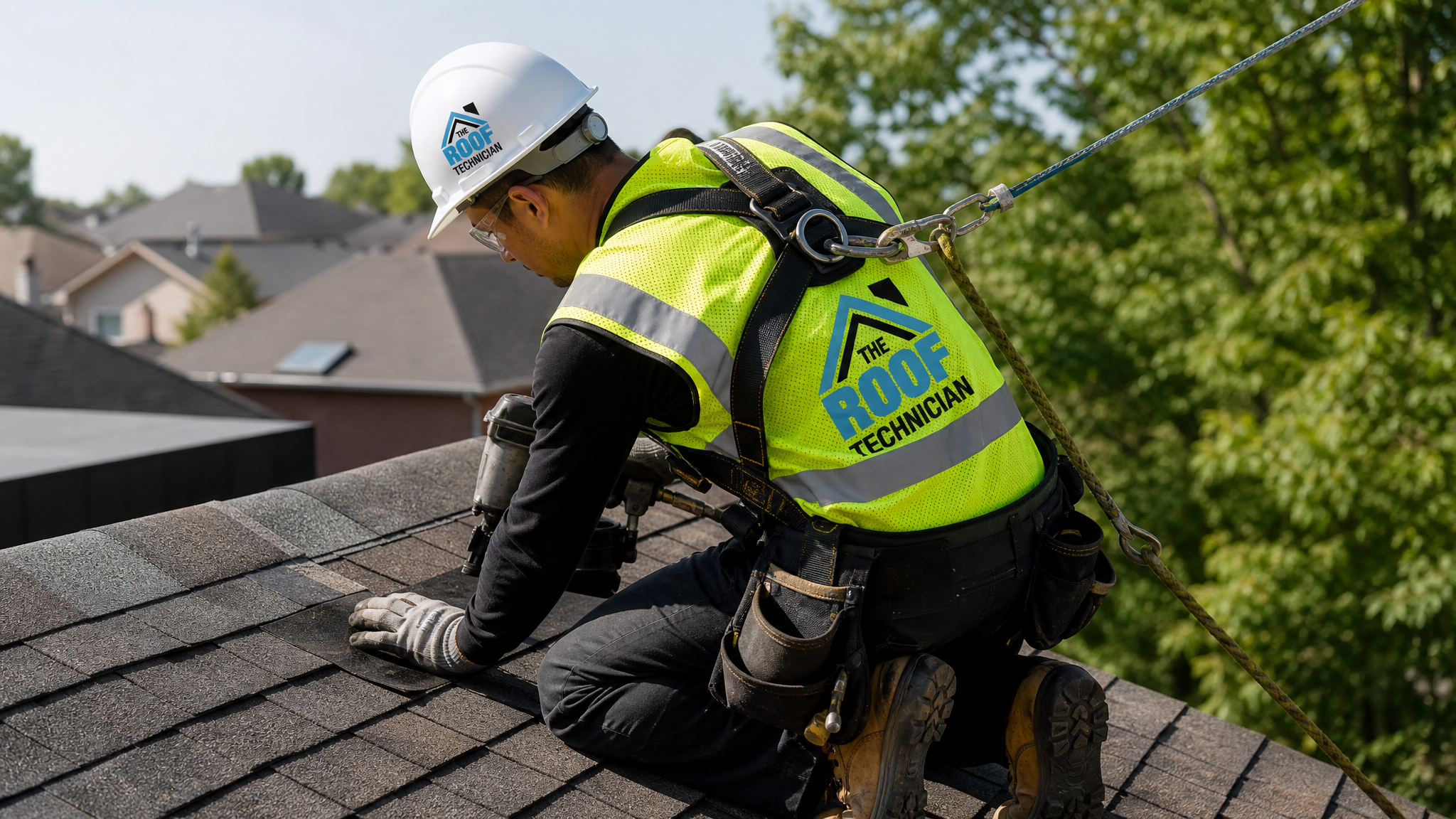 A roofer in full safety PPE including hard hat with logo, hi-vis vest, safety glasses, gloves, steel-toe boots, and fall-protection harness with rope installing architectural shingles on a Toronto roof in summer daylight