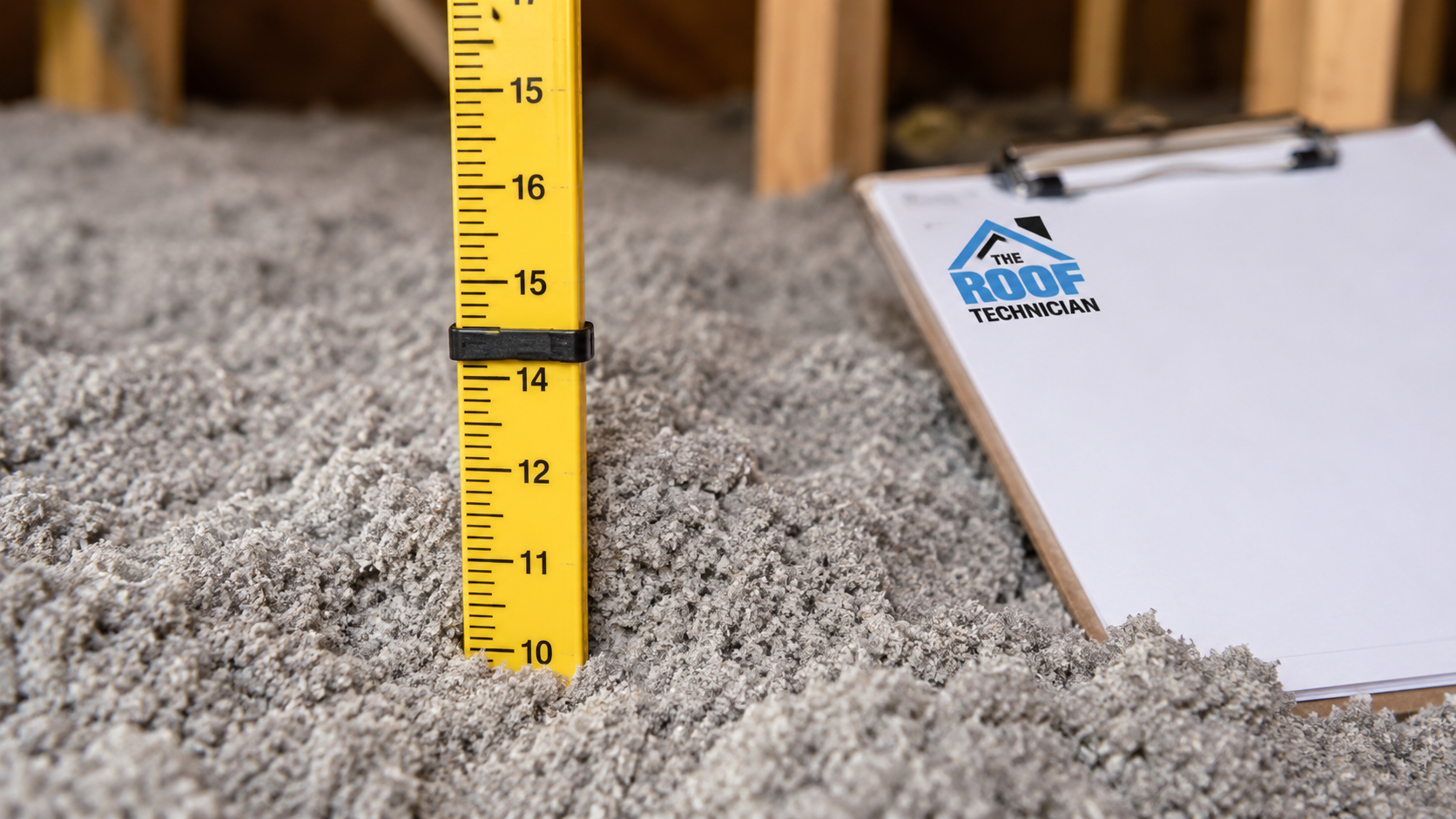 Close-up of a depth ruler standing in freshly blown cellulose insulation showing the measured R-value depth