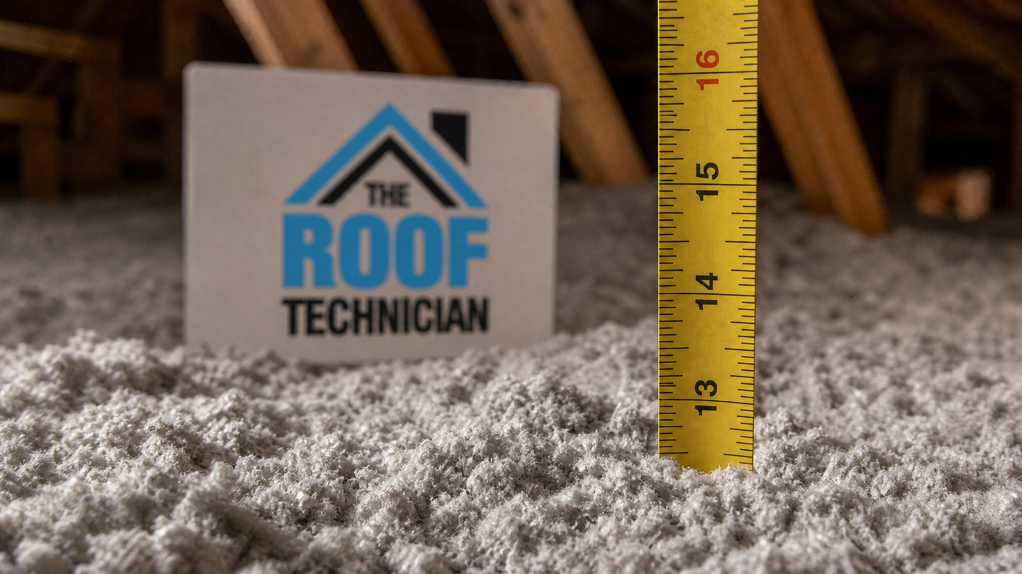 Close-up of a depth ruler standing in freshly blown cellulose insulation showing the measured R-value depth