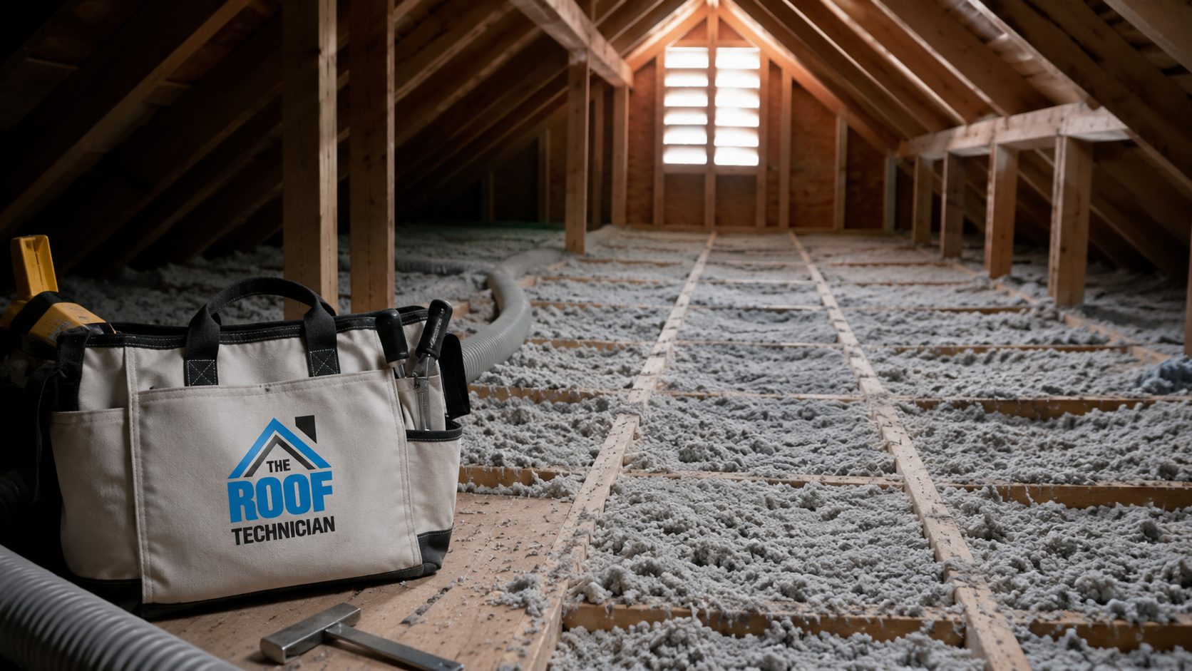 Wide view of a bright, spacious Oakville residential attic with fresh blown-in insulation across the joists