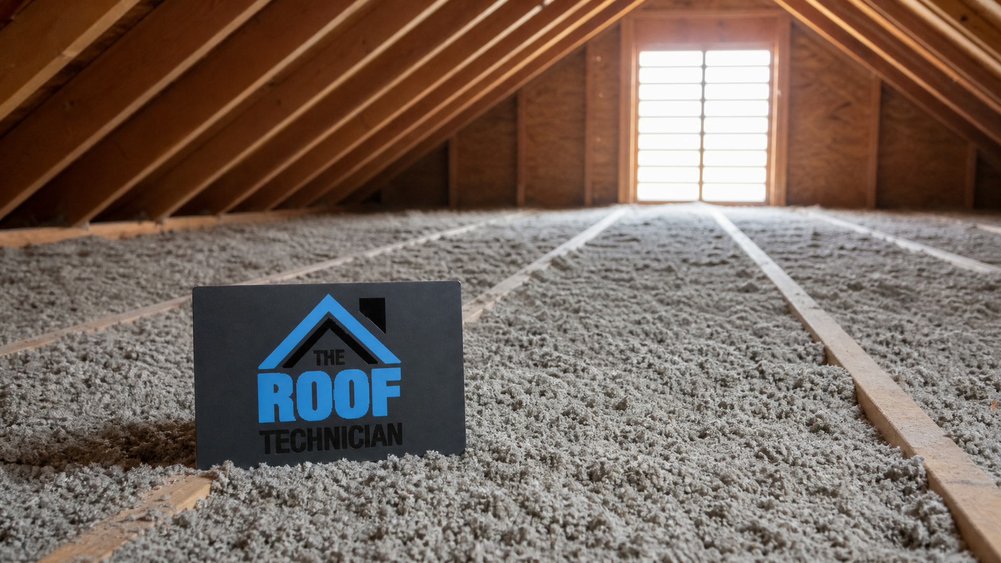 Wide view of a bright, spacious Oakville residential attic with fresh blown-in insulation across the joists