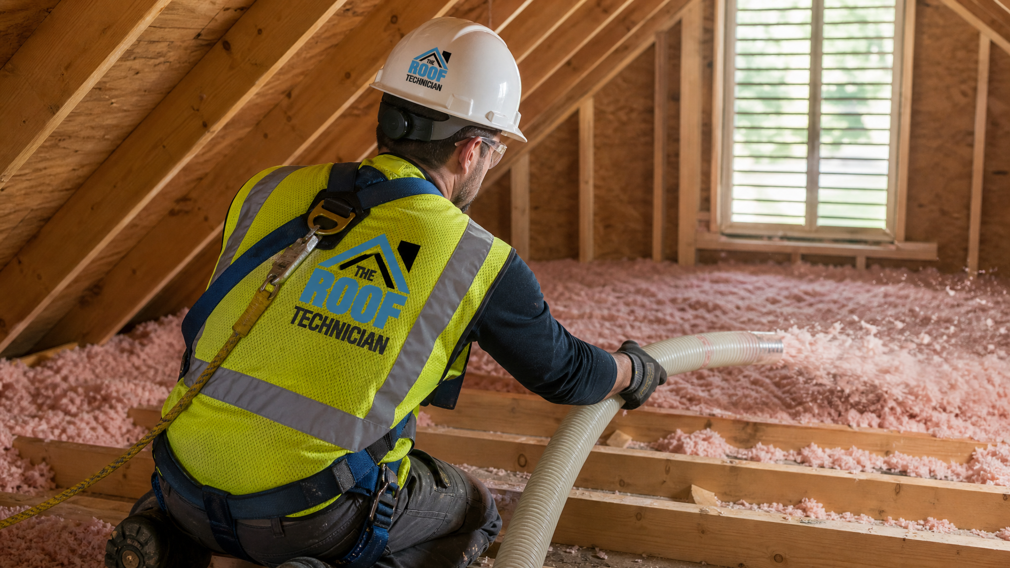 Insulation technician in full PPE using a blowing machine hose to add cellulose insulation across an Oakville attic floor