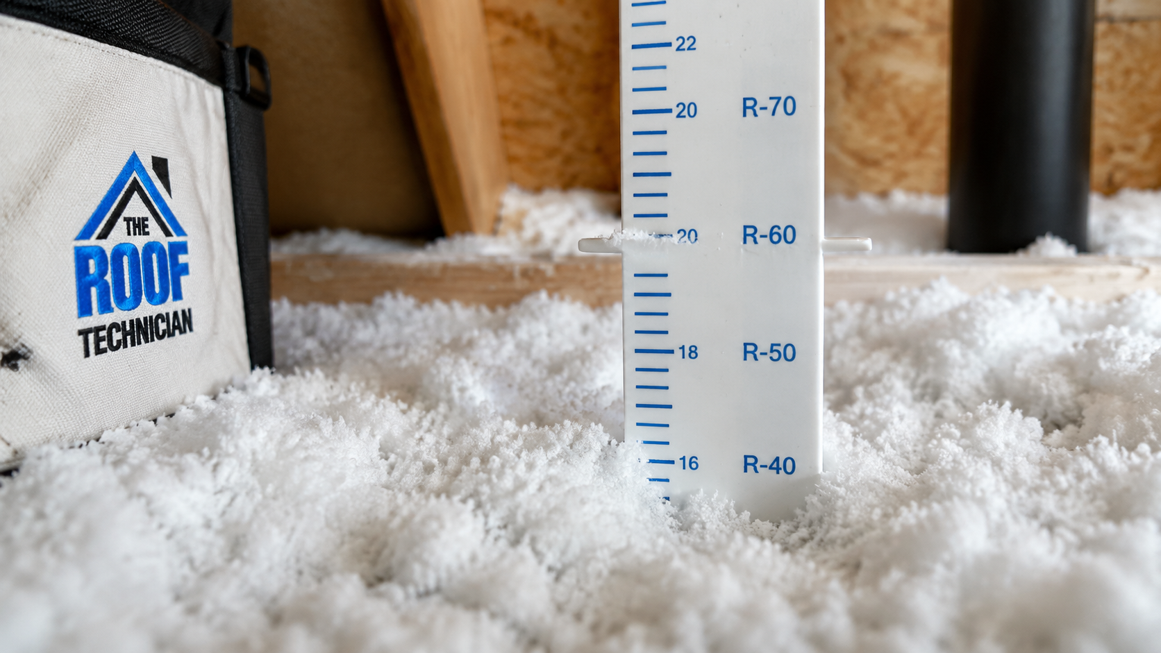 Close-up of blown-in insulation depth marker showing R-60 coverage in a Brampton attic
