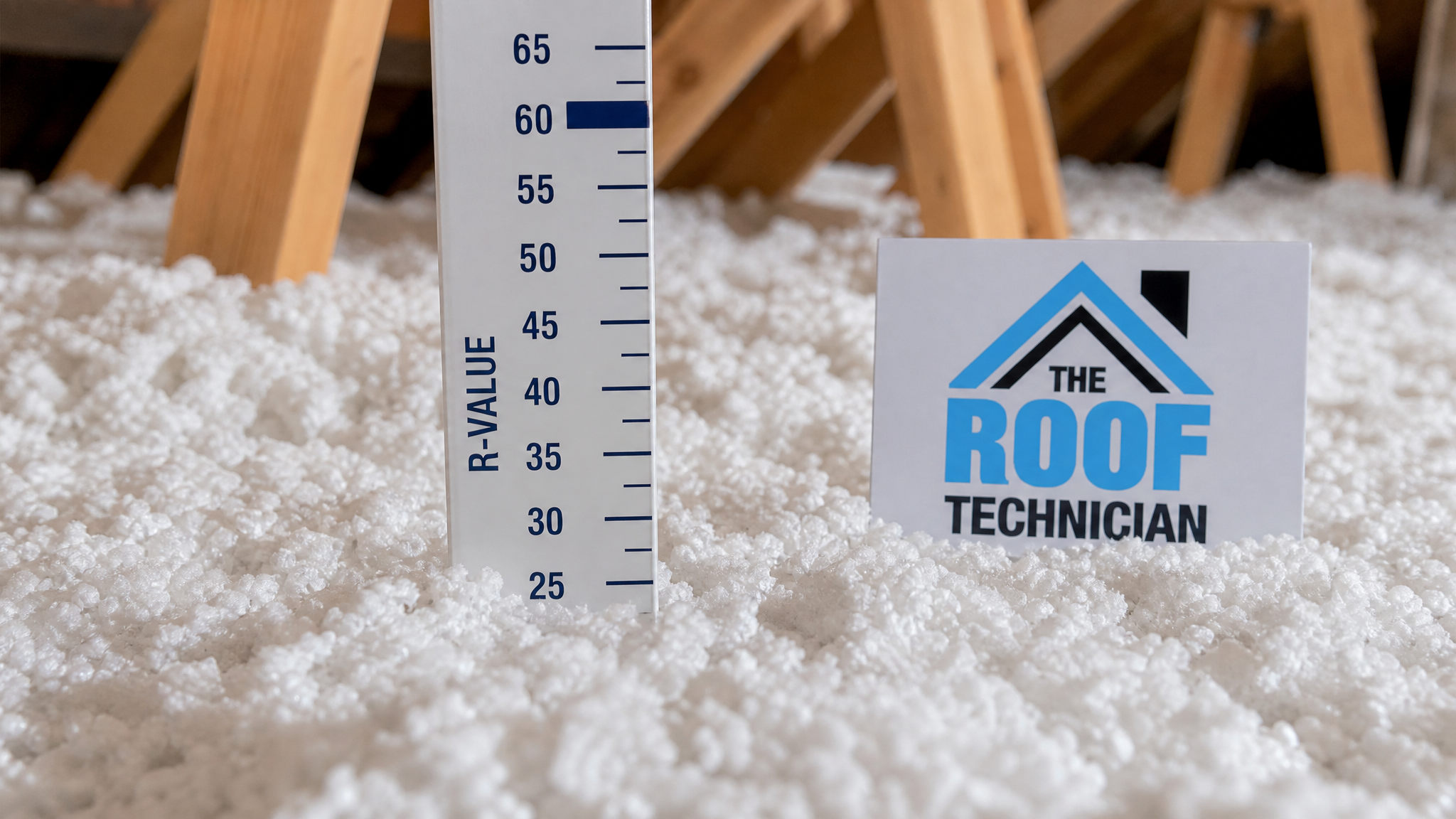 Close-up of blown-in insulation depth marker showing R-60 coverage in a Brampton attic