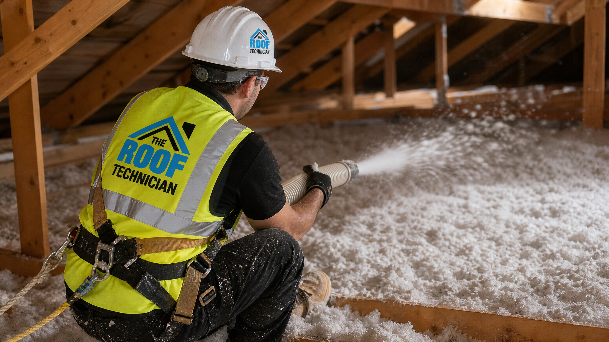 Insulation technician in full safety gear blowing loose-fill insulation into a Brampton attic