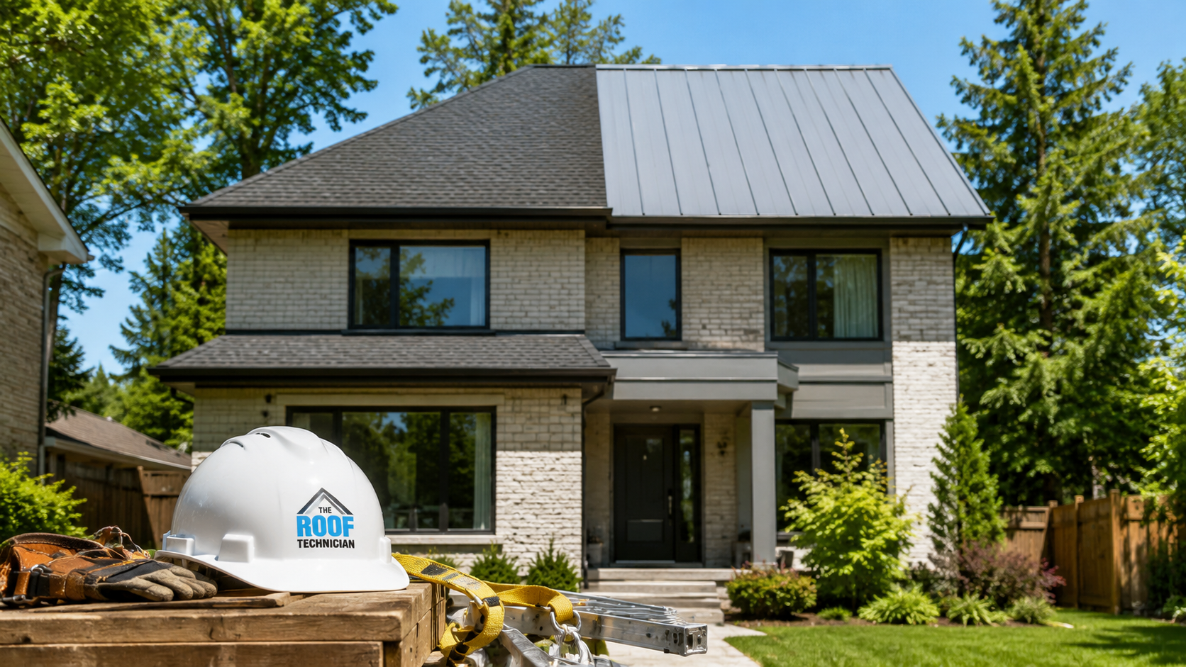 A Toronto two-storey home with half asphalt shingle roof and half standing-seam metal roof shown side by side in summer daylight