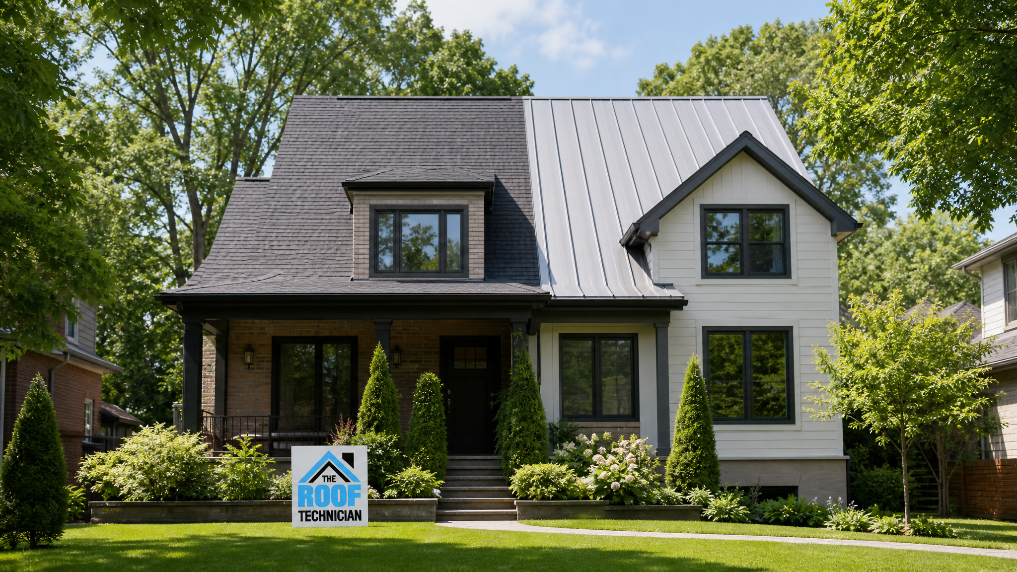 A Toronto two-storey home with half asphalt shingle roof and half standing-seam metal roof shown side by side in summer daylight