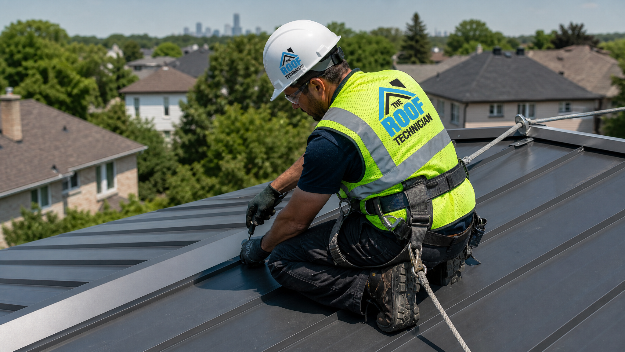 A roofer in full safety PPE and fall-protection harness fastening a standing-seam metal panel on a Toronto roof