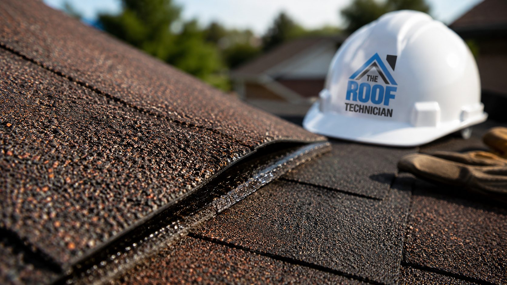 Close-up of architectural asphalt shingle granules and seal strip showing wear