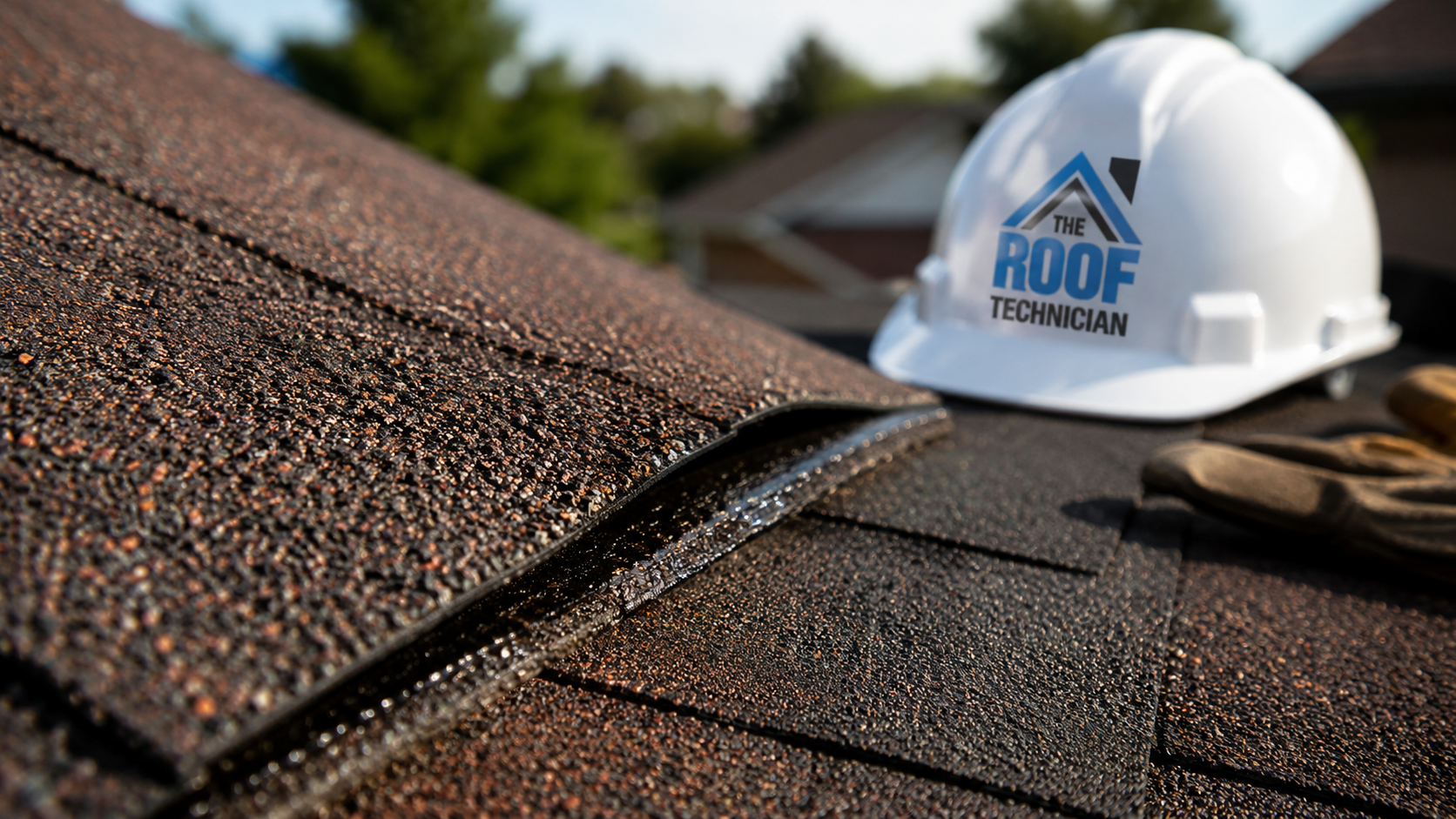 Close-up of architectural asphalt shingle granules and seal strip showing wear