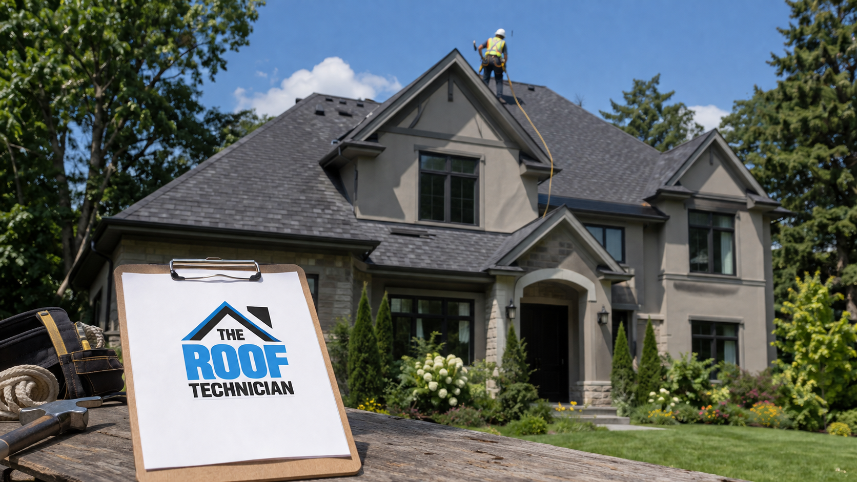 Wide establishing view of an asphalt shingle roof on a two-storey Toronto home in summer daylight