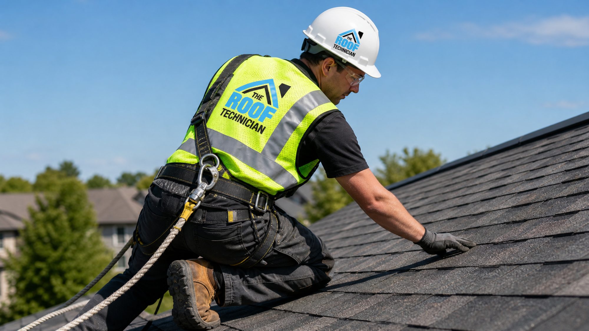 Roofer in full safety harness and PPE inspecting architectural shingles on a Toronto roof