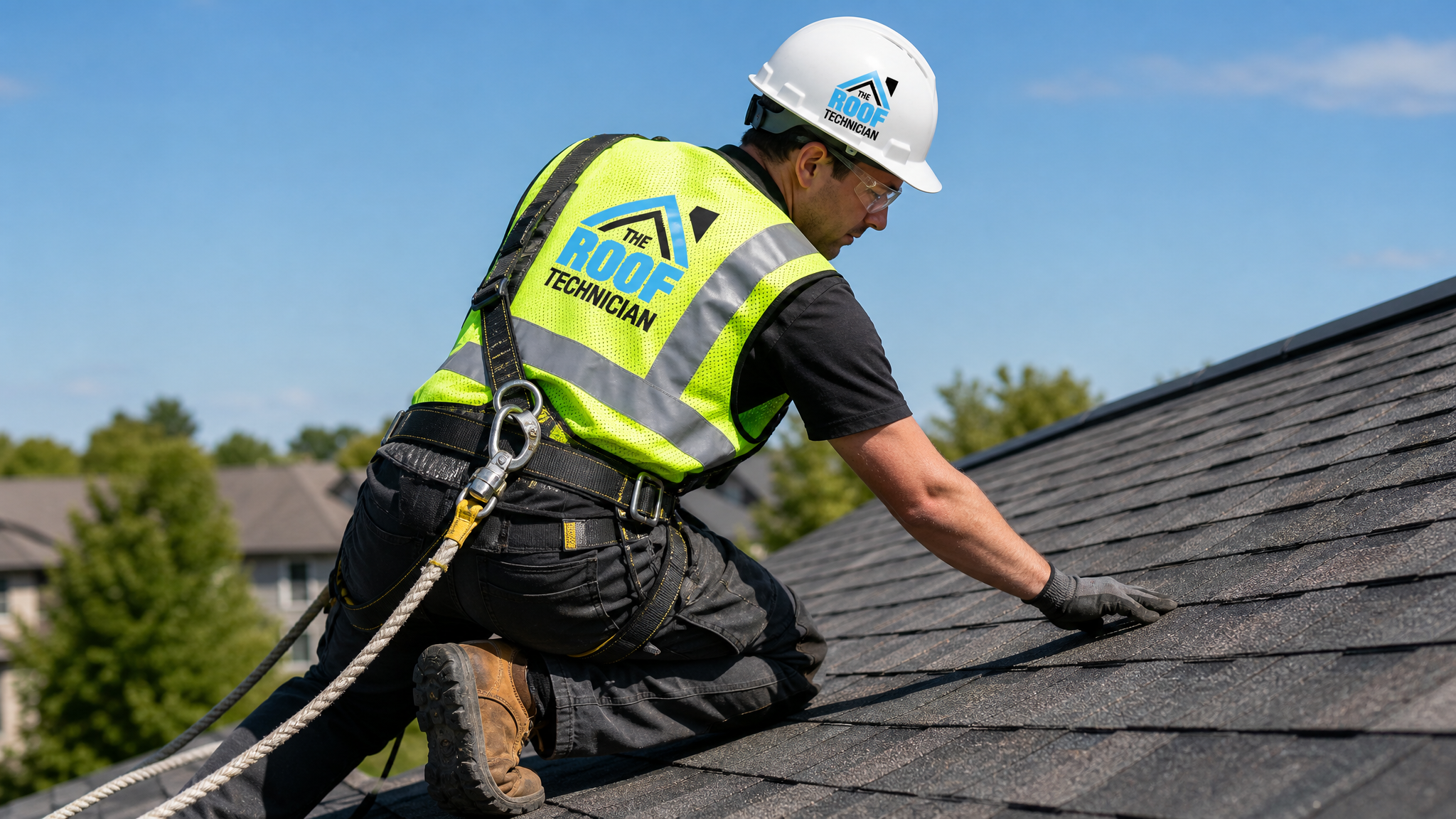 Roofer in full safety harness and PPE inspecting architectural shingles on a Toronto roof