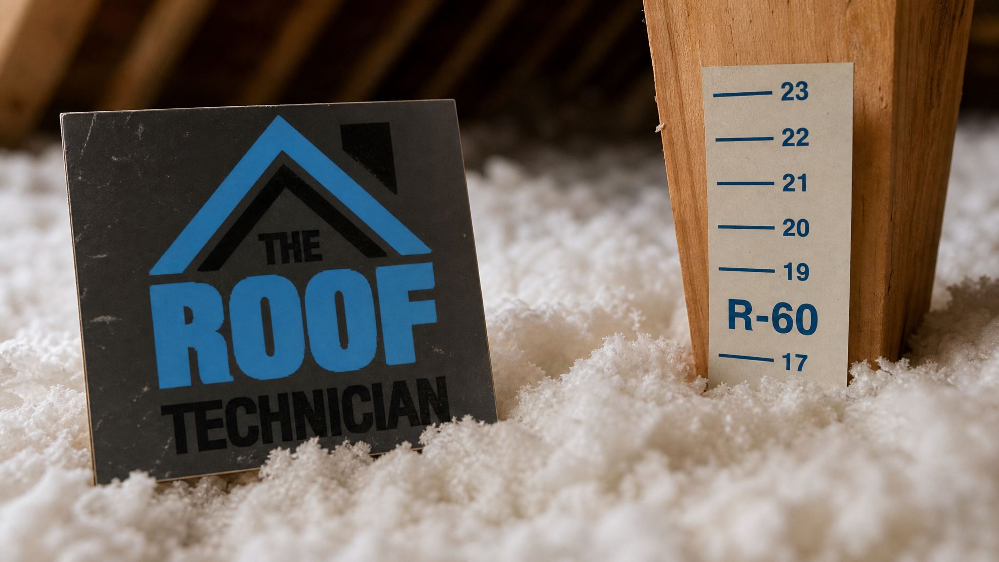 Close-up of the surface texture of freshly installed blown loose-fill insulation showing an even fluffy depth against a wooden rafter with a depth marker