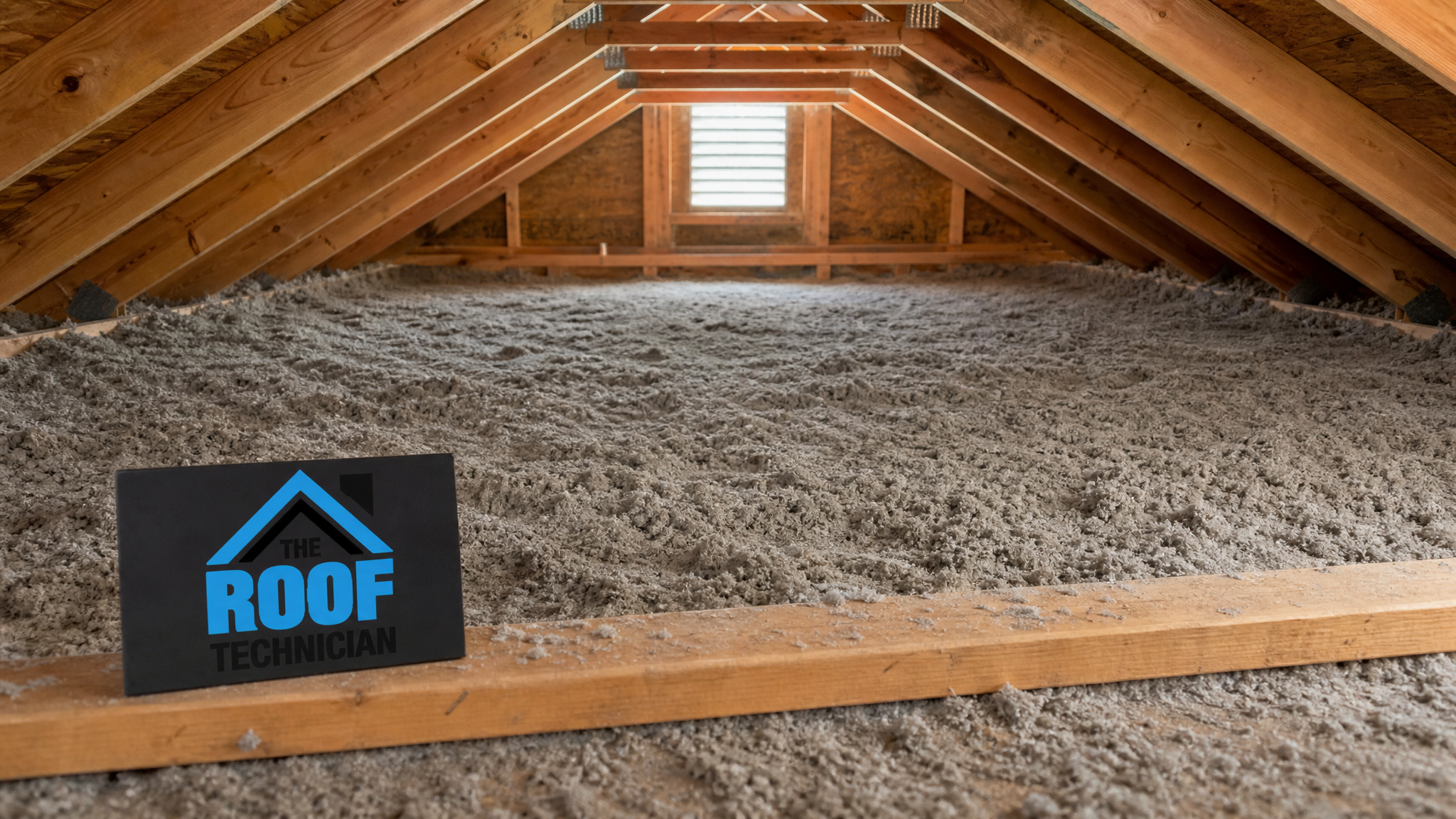Wide interior view of a Toronto residential attic with a thick, even layer of blown-in loose-fill insulation across the floor and exposed rafters above