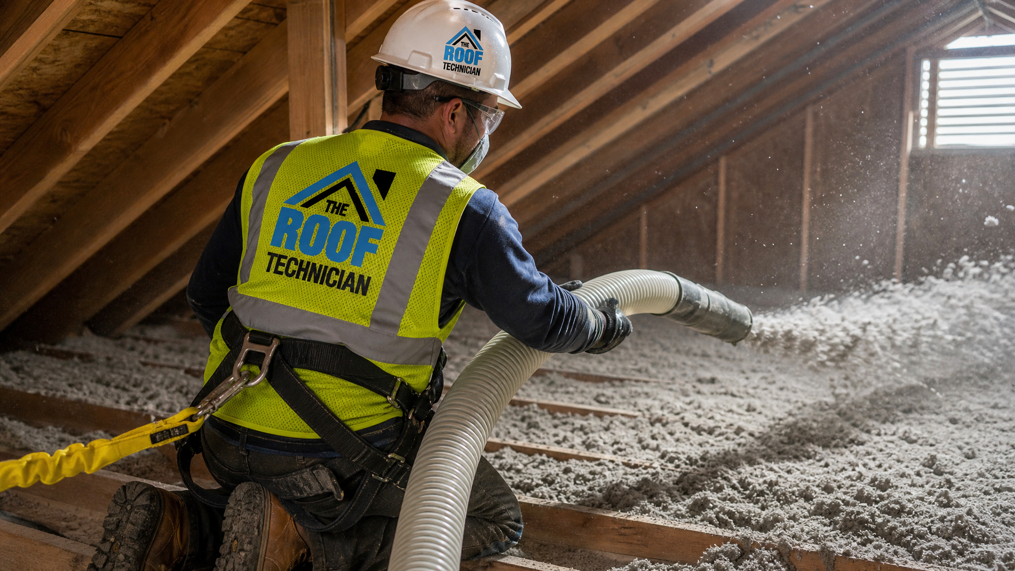 A tradesperson in full safety PPE operating a pneumatic hose to blow loose-fill insulation across a Toronto attic floor