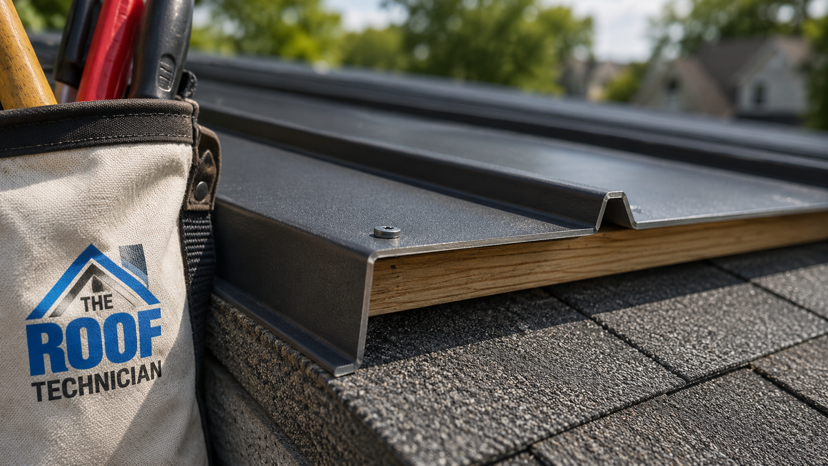 Close-up of a metal roof panel edge fastened to a furring strip showing the ventilation air gap above the original shingle layer