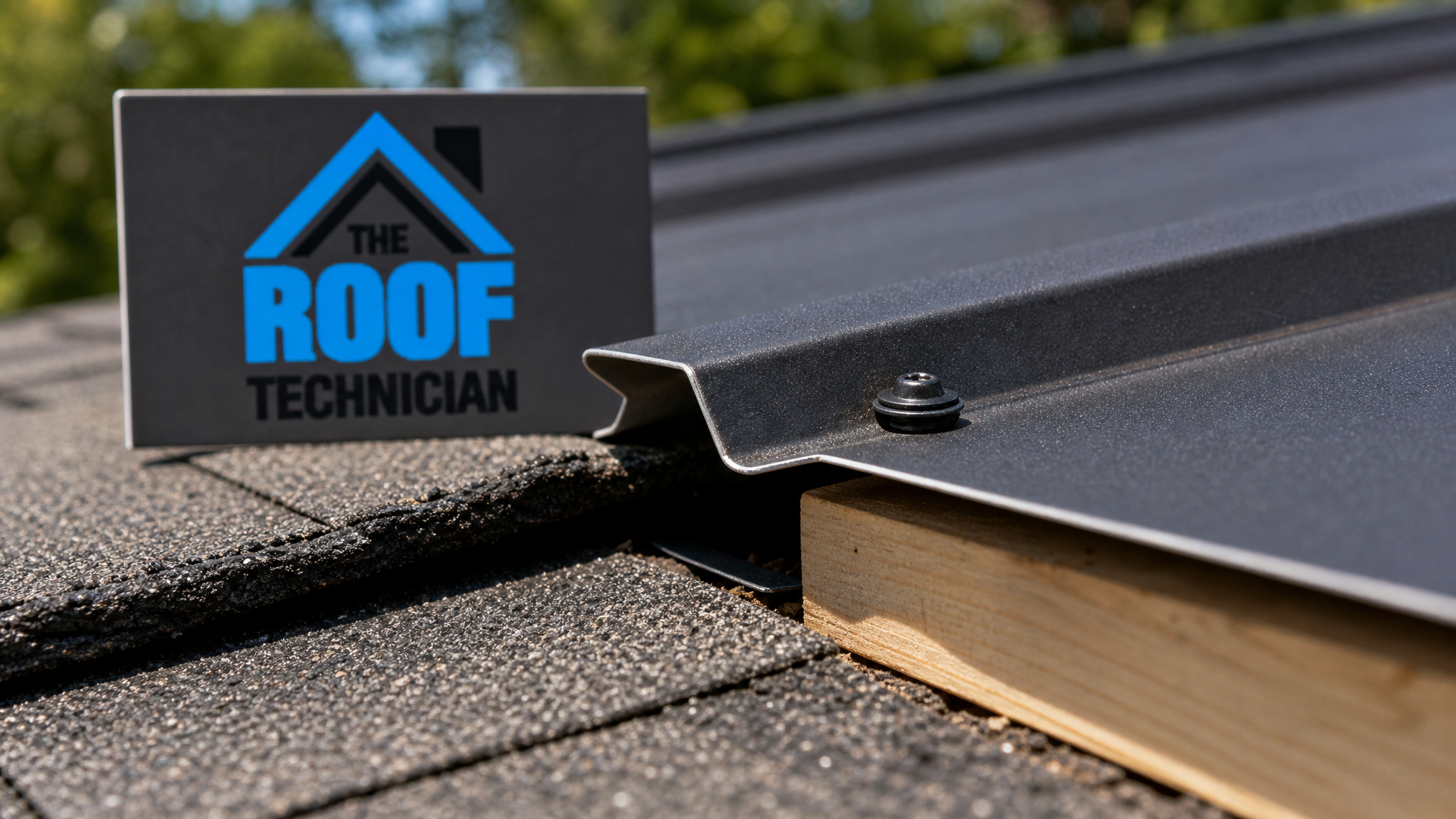 Close-up of a metal roof panel edge fastened to a furring strip showing the ventilation air gap above the original shingle layer