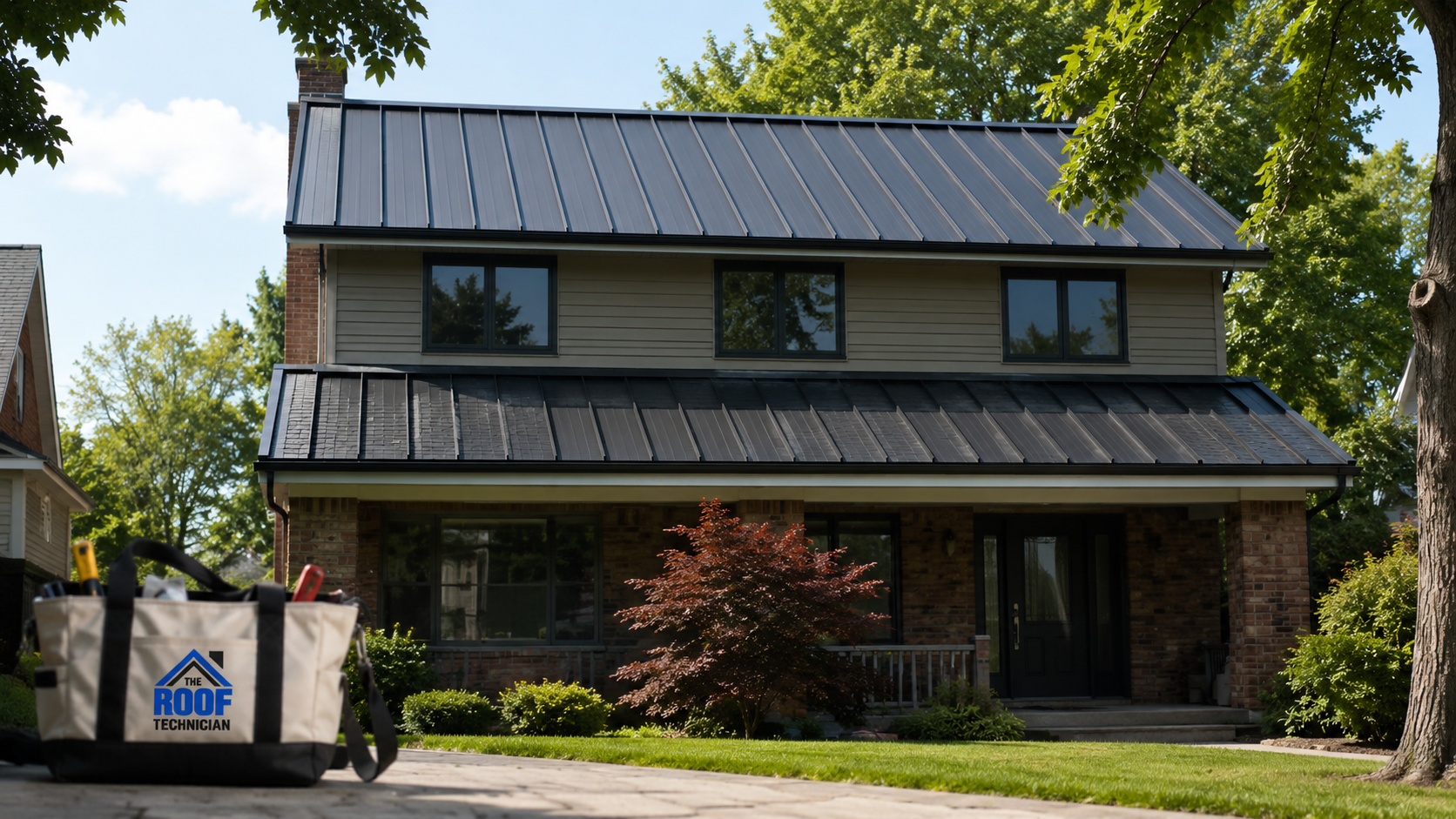Wide establishing shot of a Toronto two-storey home with a newly installed standing-seam steel roof over the original shingle layer on a sunny summer day