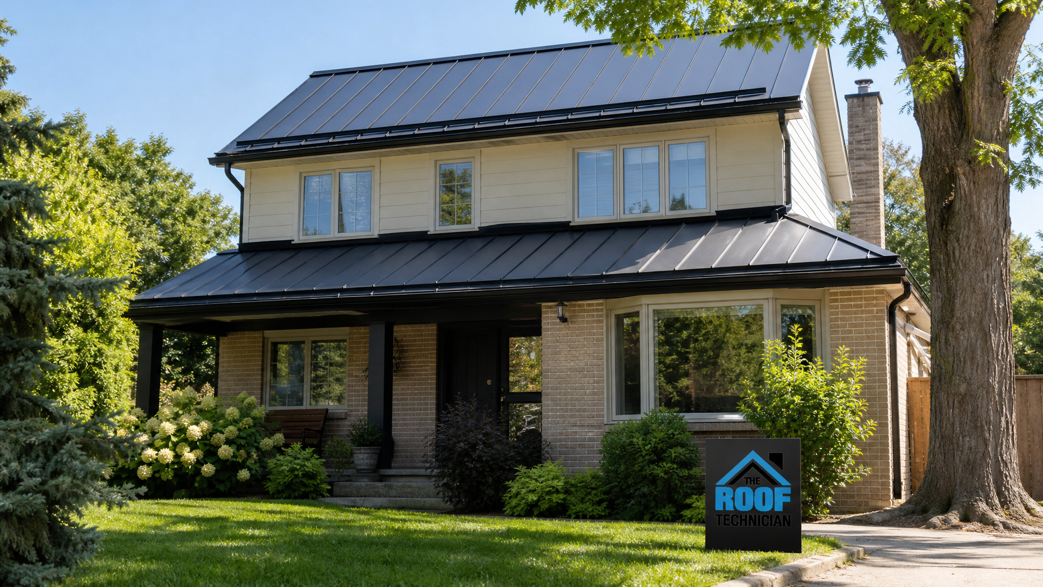 Wide establishing shot of a Toronto two-storey home with a newly installed standing-seam steel roof over the original shingle layer on a sunny summer day