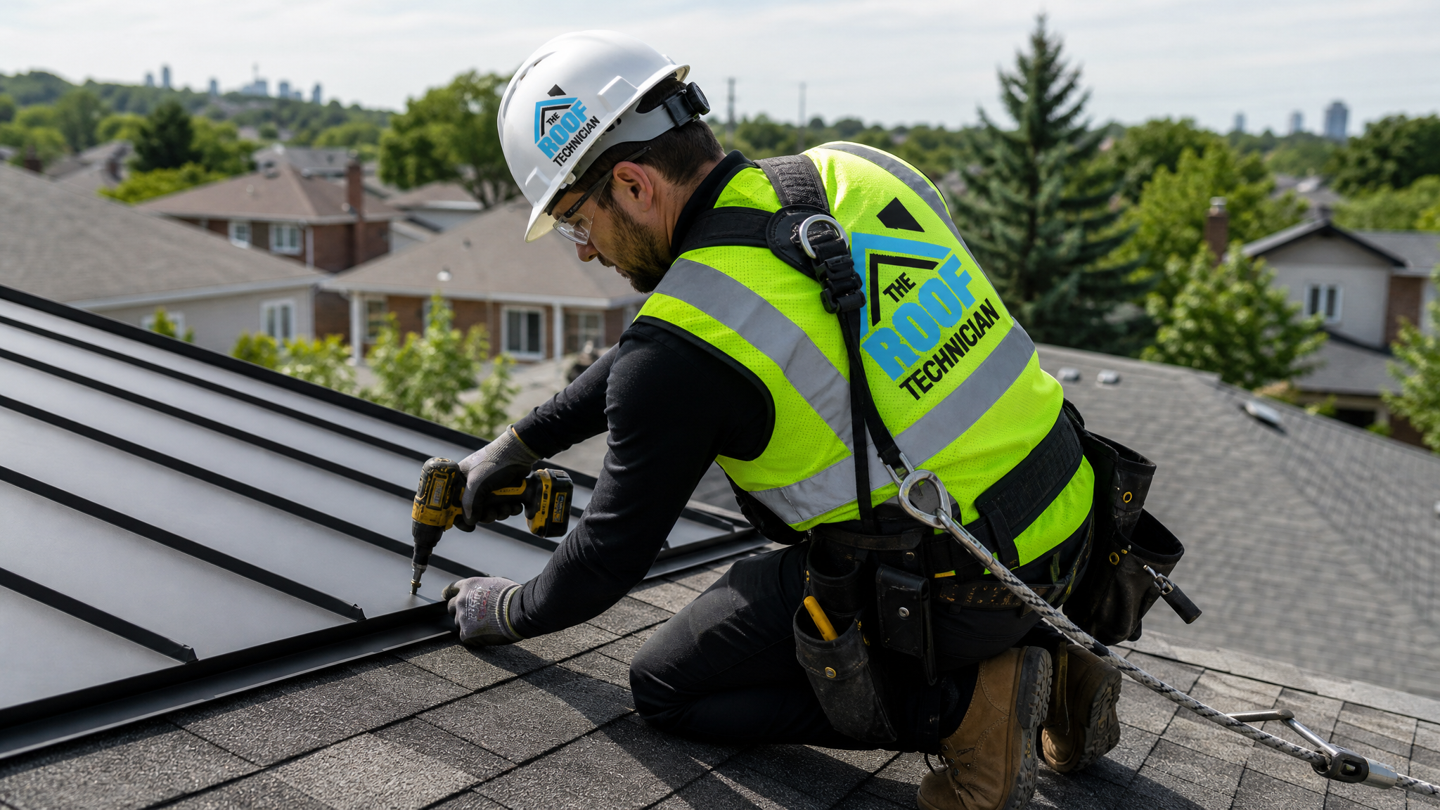 A roofer in full safety harness and PPE fastening a metal roofing panel over furring strips above the original shingle layer