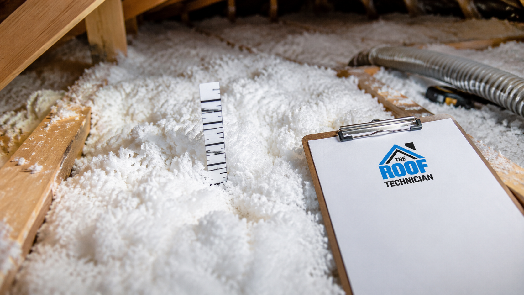 Close-up of freshly installed blown-in insulation at proper depth with a small The Roof Technician sign placard during an attic insulation replacement
