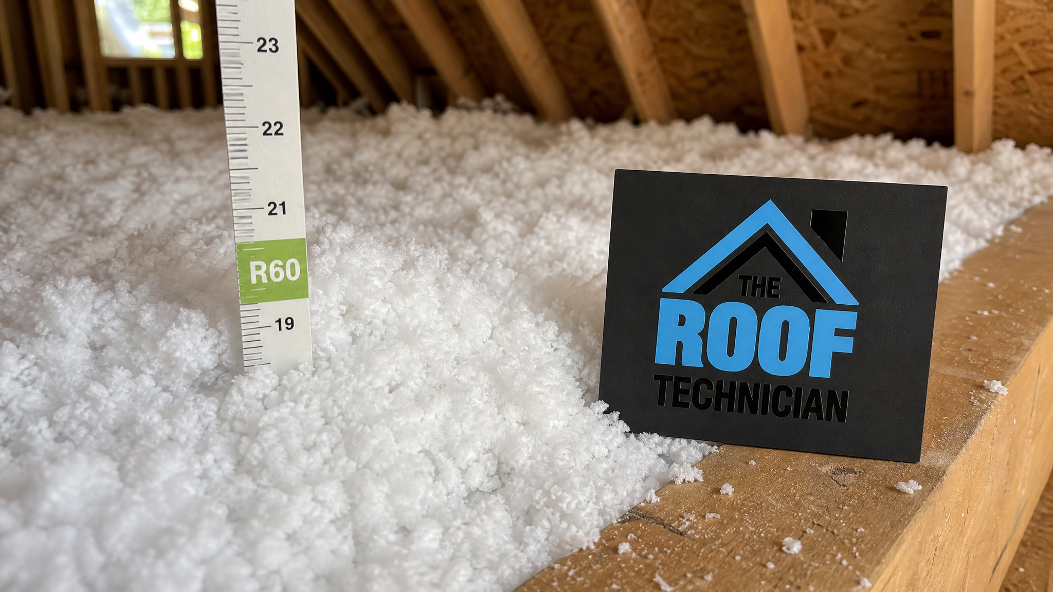 Close-up of freshly installed blown-in insulation at proper depth with a small The Roof Technician sign placard during an attic insulation replacement