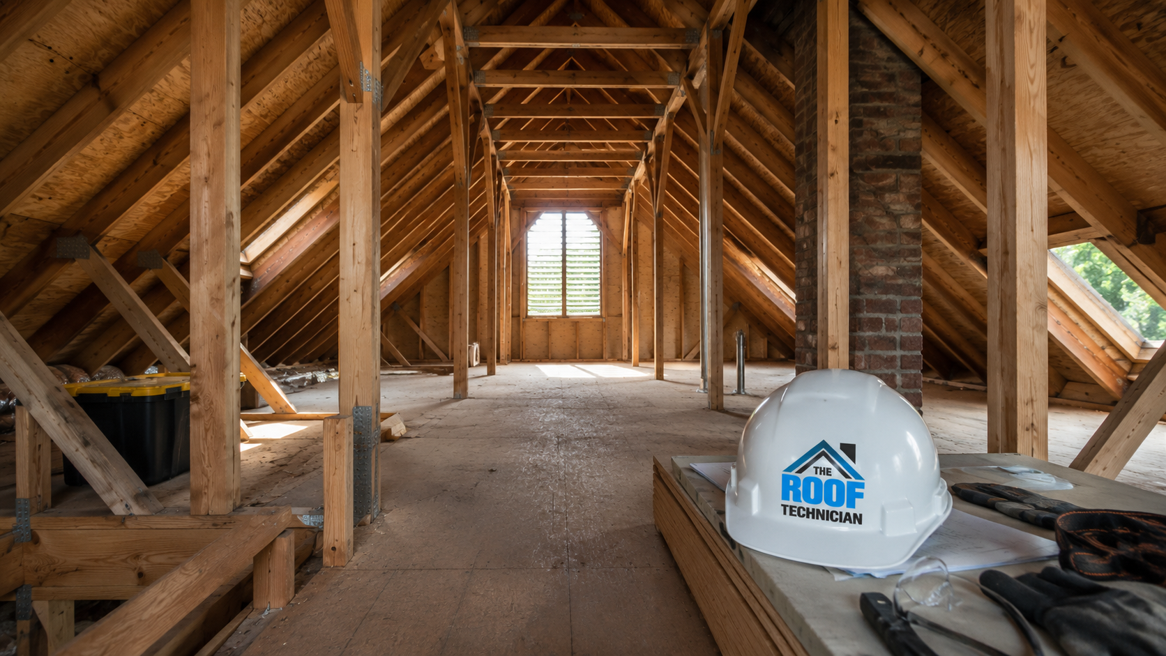 Wide establishing view of a cleared Toronto home attic prepared for attic insulation replacement with a small flat branded The Roof Technician sign placard nearby
