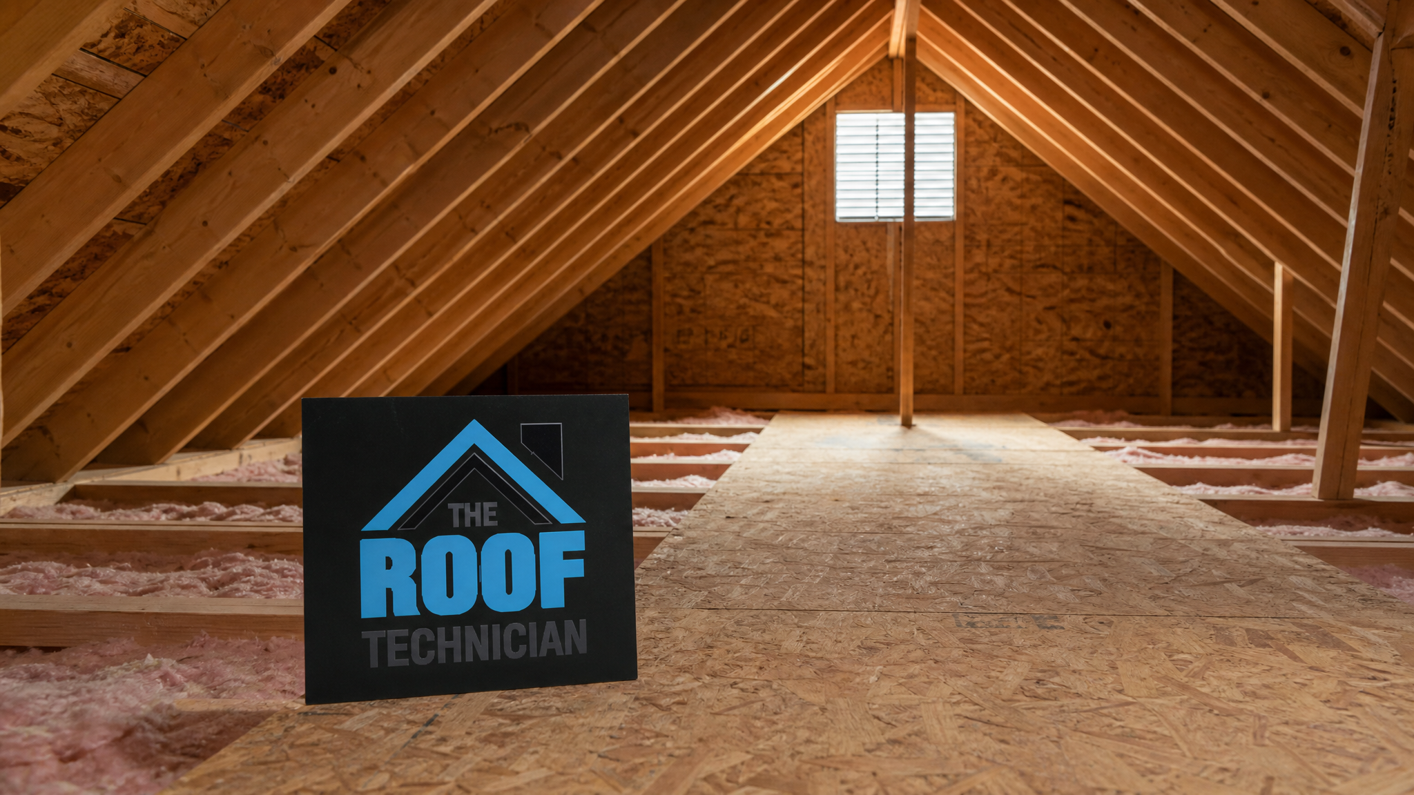 Wide establishing view of a cleared Toronto home attic prepared for attic insulation replacement with a small flat branded The Roof Technician sign placard nearby