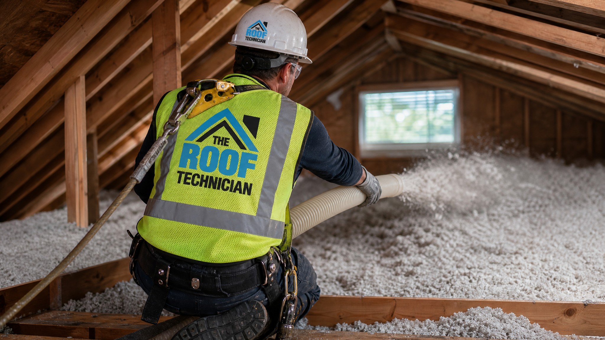 A tradesperson in full safety PPE installing blown-in insulation during an attic insulation replacement in a Toronto home