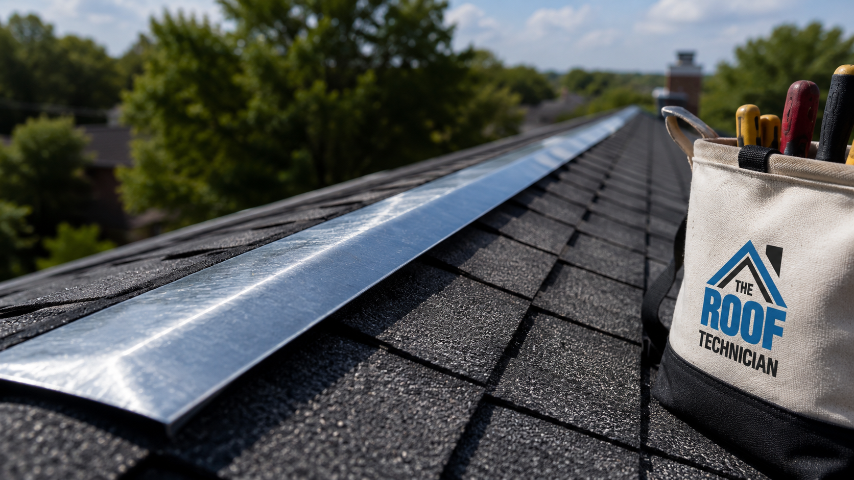 Close-up of a zinc strip installed along a roof ridge to prevent moss regrowth on asphalt shingles