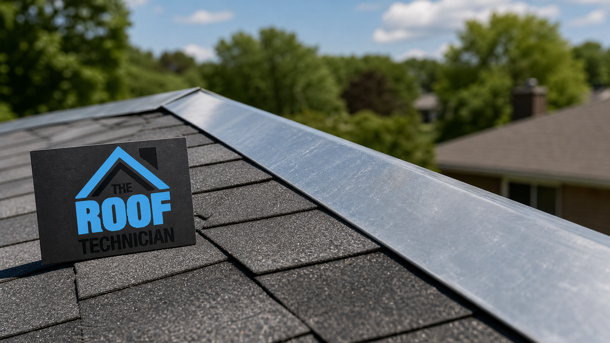 Close-up of a zinc strip installed along a roof ridge to prevent moss regrowth on asphalt shingles