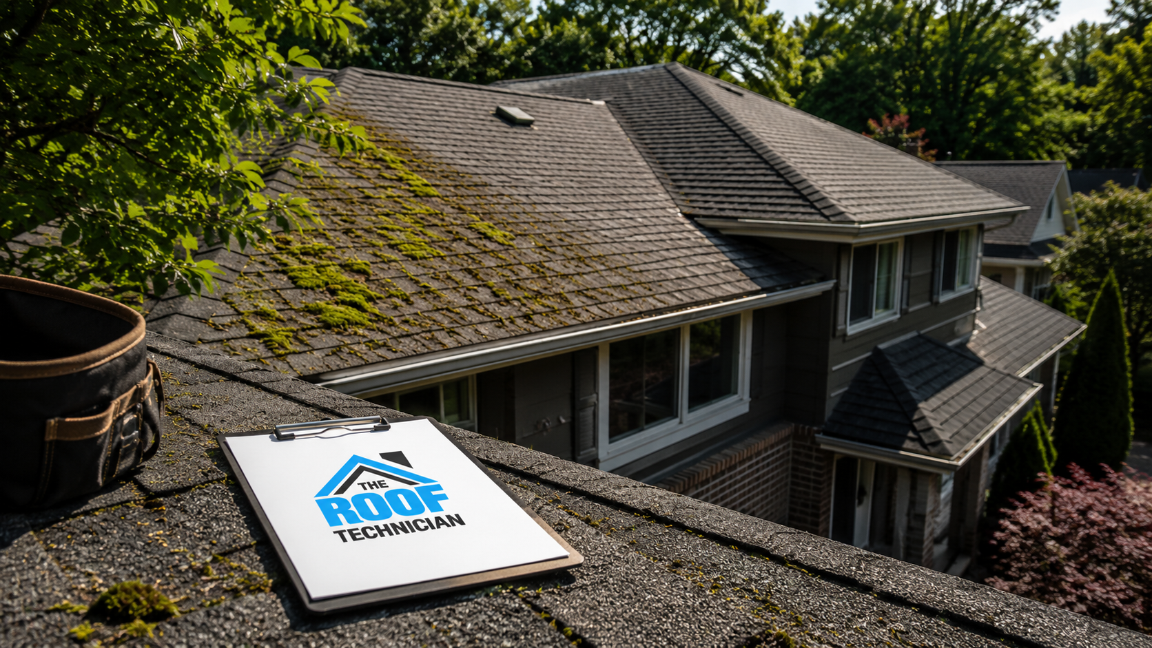 Wide establishing view of a Toronto home roof with green moss patches spreading across shaded asphalt shingles in summer daylight