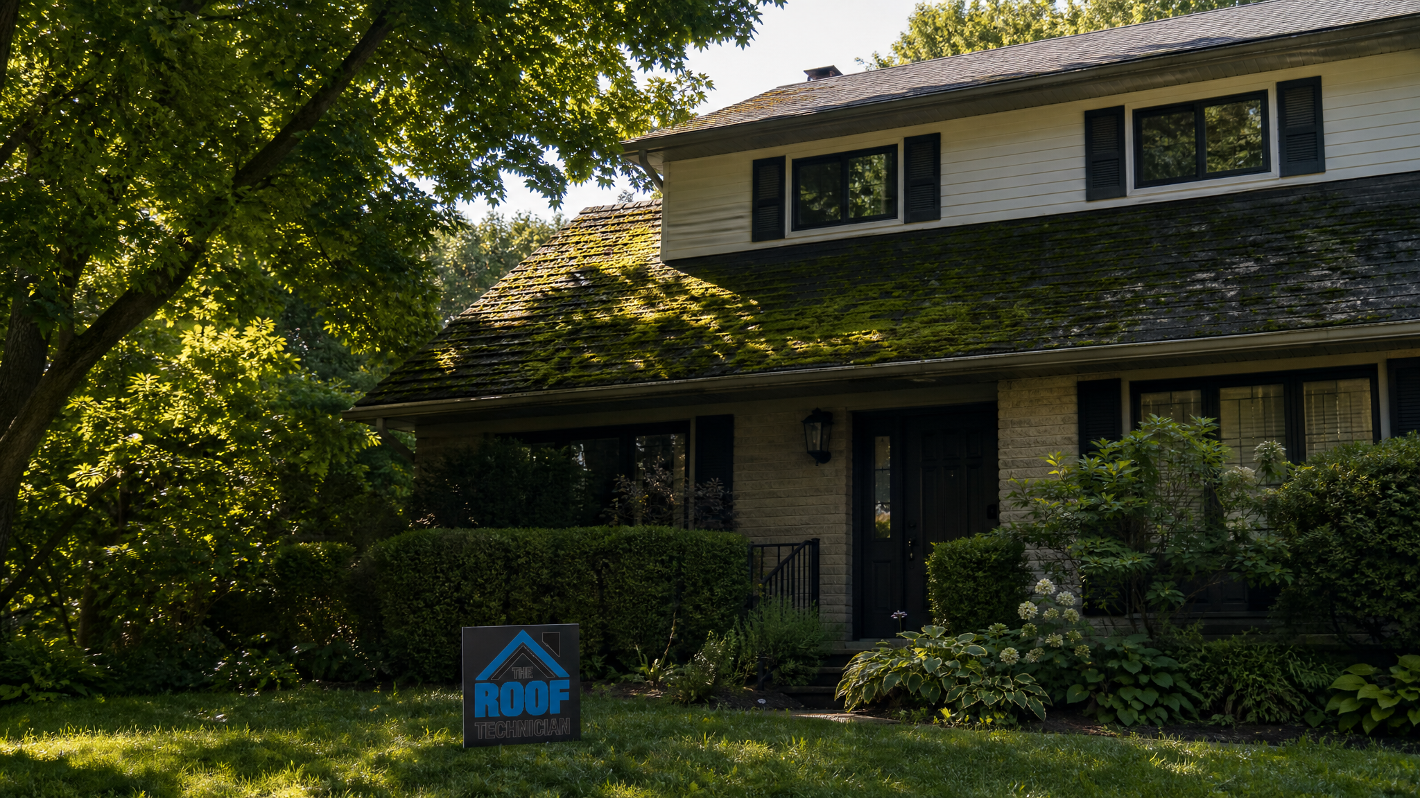 Wide establishing view of a Toronto home roof with green moss patches spreading across shaded asphalt shingles in summer daylight