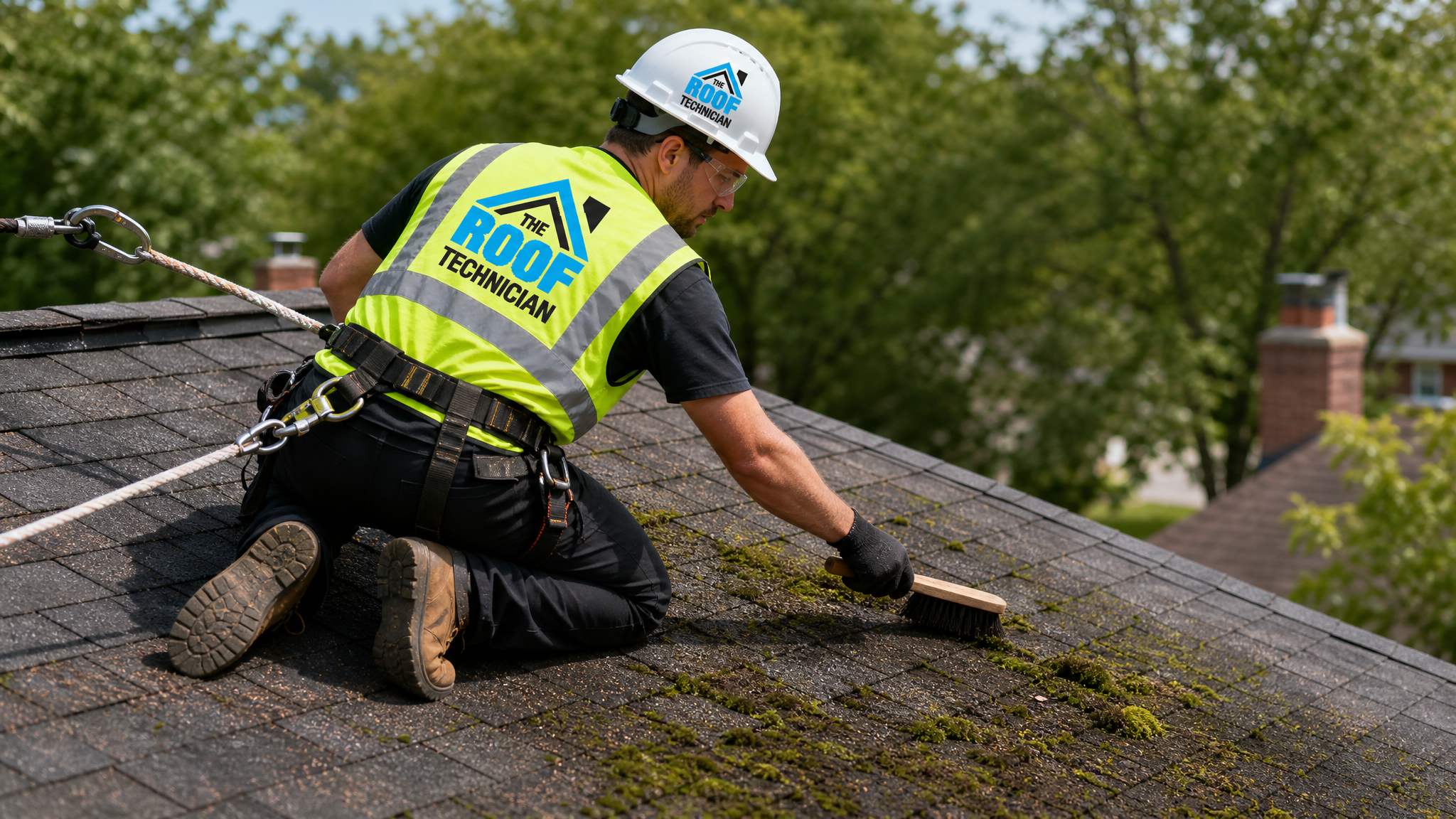 Roofing technician in full safety harness and PPE gently removing moss from asphalt shingles on a Toronto roof